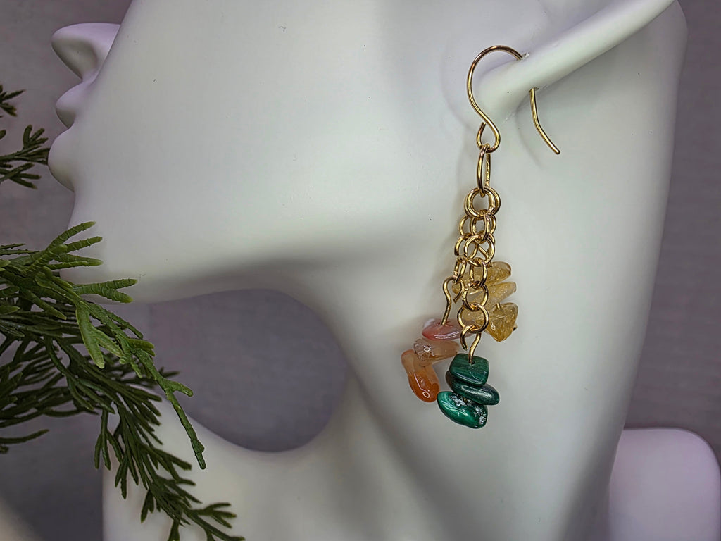 Handmade Brass Earrings with Citrine, Malachite and Watermelon Quartz Chips