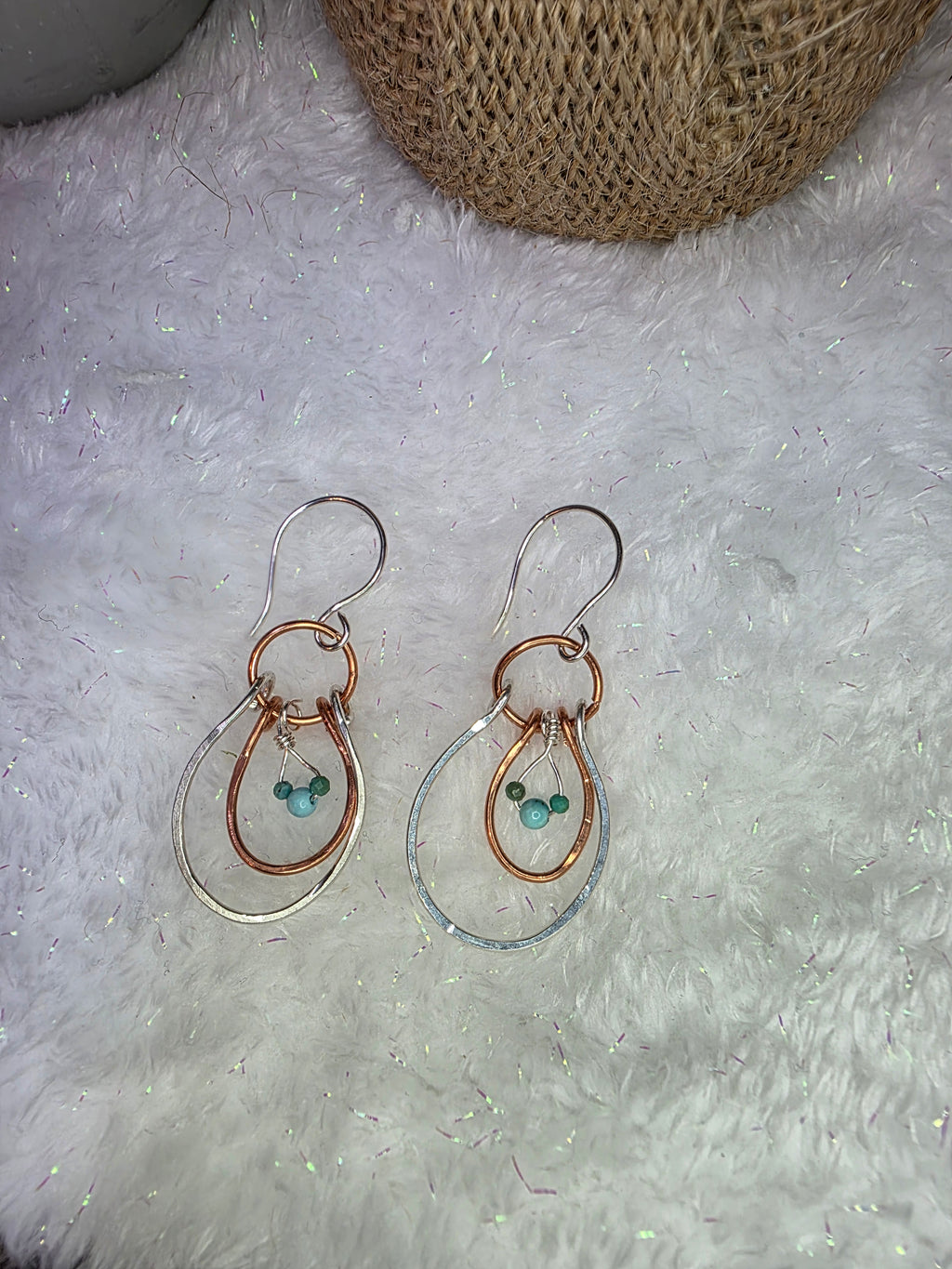 Mixed Metal Silver and Copper Mickey Mouse Inspired Hoop Earrings with Turquoise stones. MTO