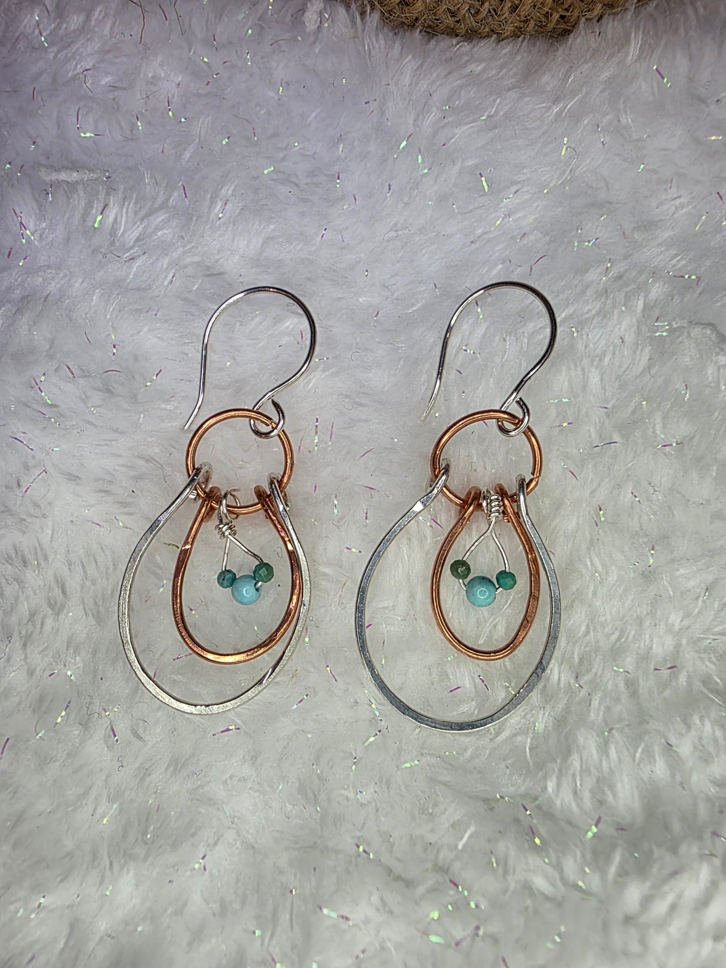 Mixed Metal Silver and Copper Mickey Mouse Inspired Hoop Earrings with Turquoise stones. MTO