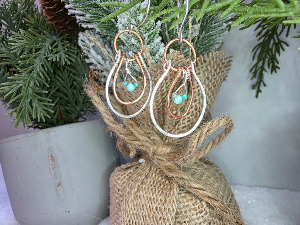 Mixed Metal Silver and Copper Mickey Mouse Inspired Hoop Earrings with Turquoise stones. MTO