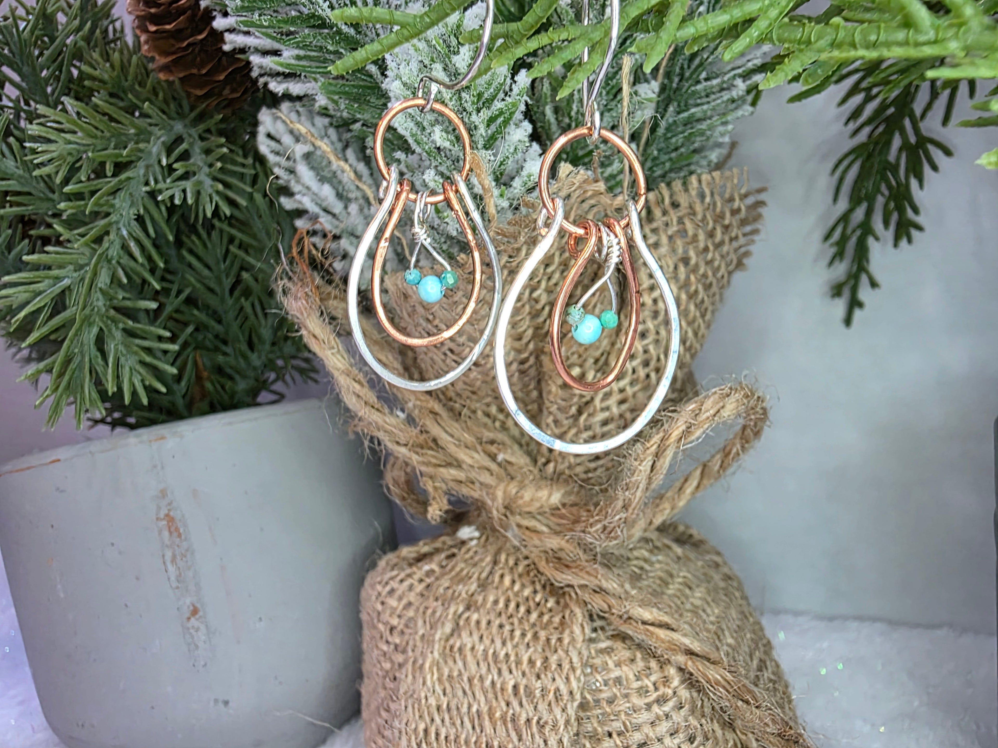 Mixed Metal Silver and Copper Mickey Mouse Inspired Hoop Earrings with Turquoise stones. MTO