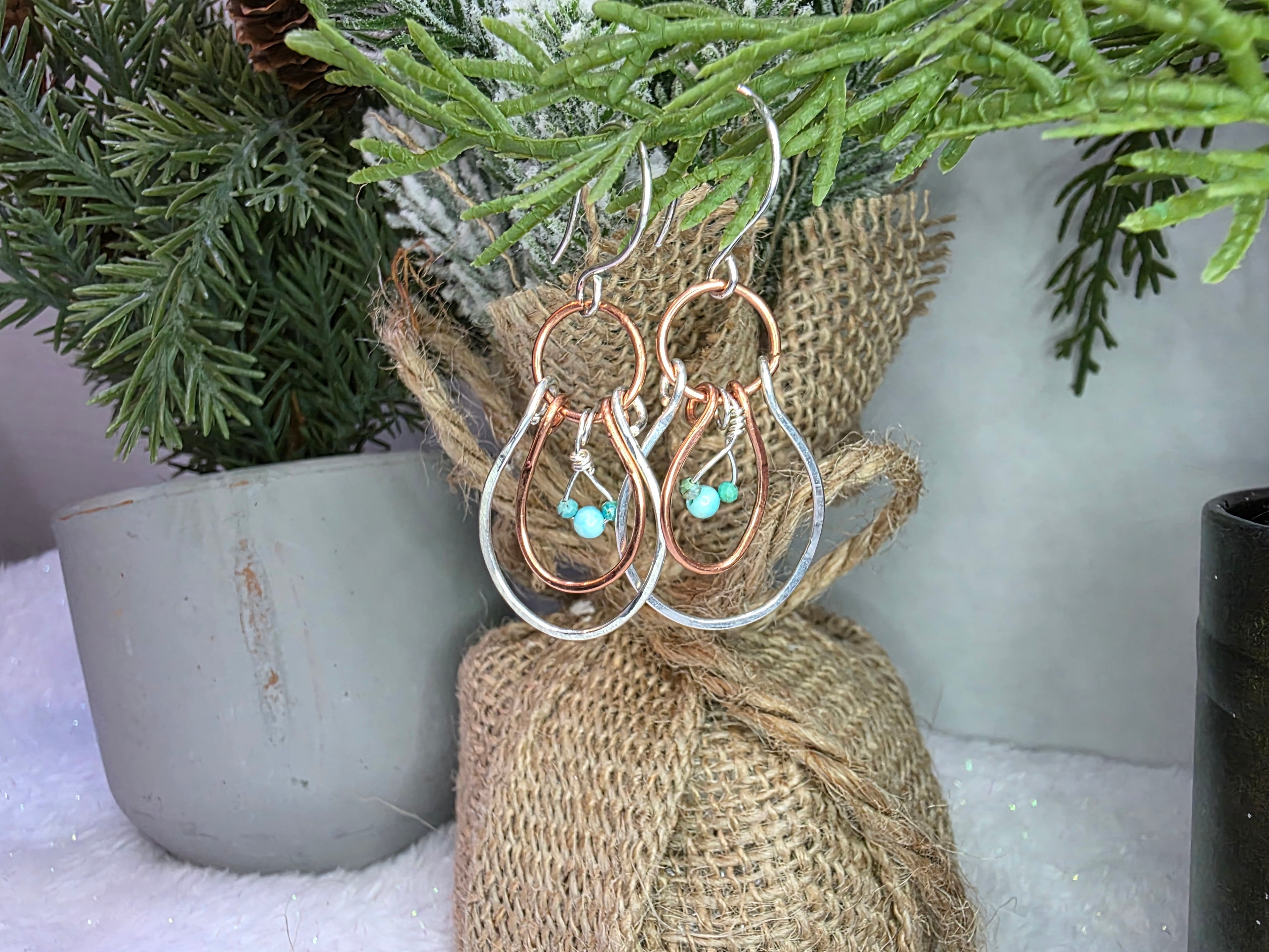 Mixed Metal Silver and Copper Mickey Mouse Inspired Hoop Earrings with Turquoise stones. MTO