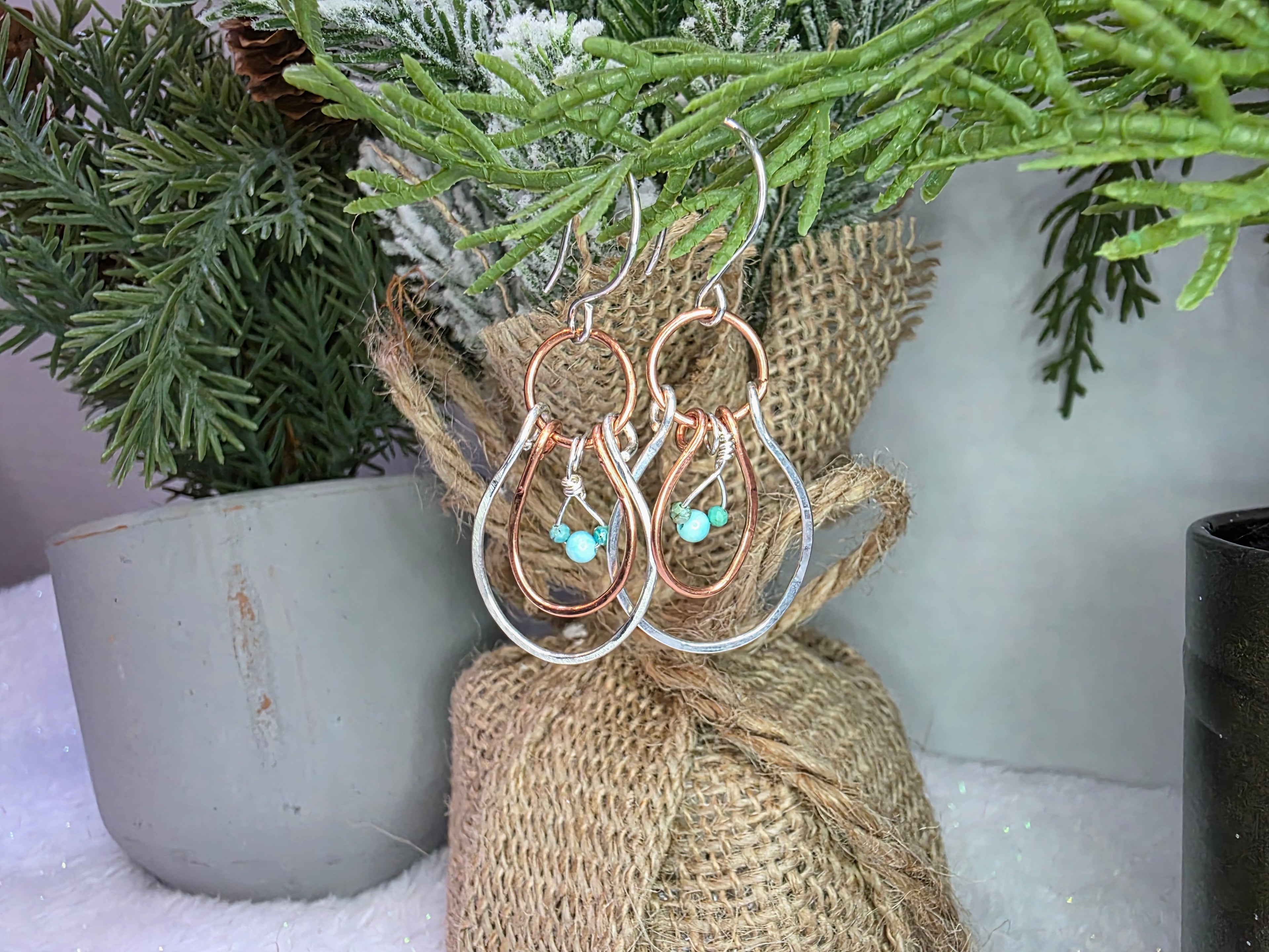 Mixed Metal Silver and Copper Mickey Mouse Inspired Hoop Earrings with Turquoise stones. MTO