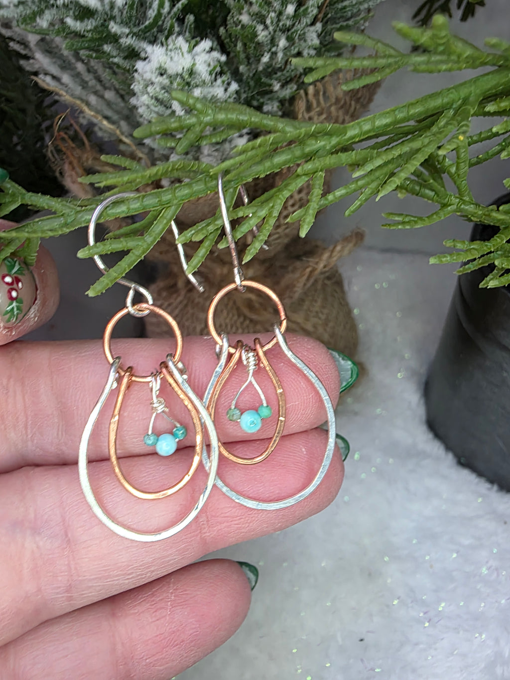 Mixed Metal Silver and Copper Mickey Mouse Inspired Hoop Earrings with Turquoise stones. MTO