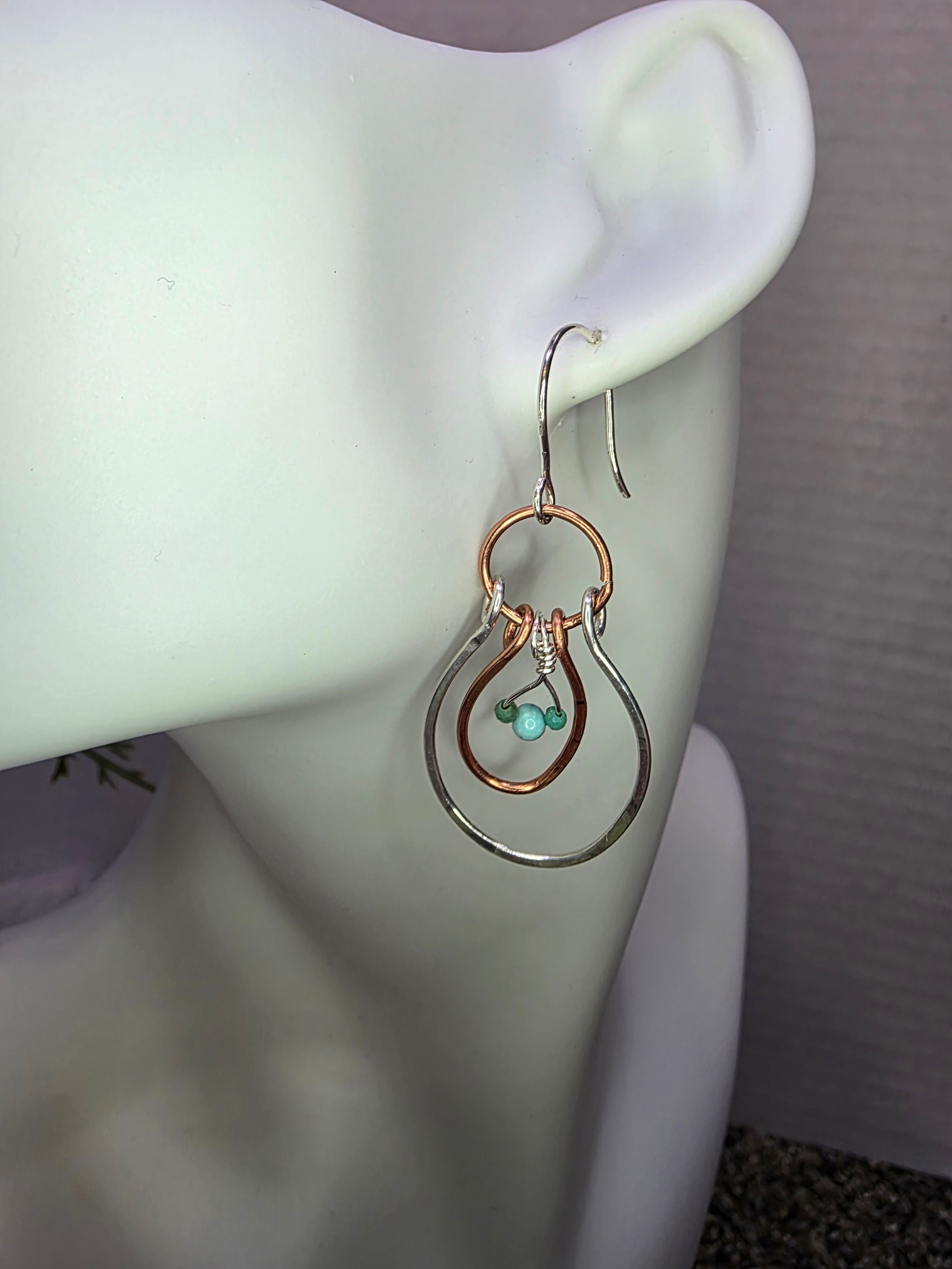 Mixed Metal Silver and Copper Mickey Mouse Inspired Hoop Earrings with Turquoise stones. MTO
