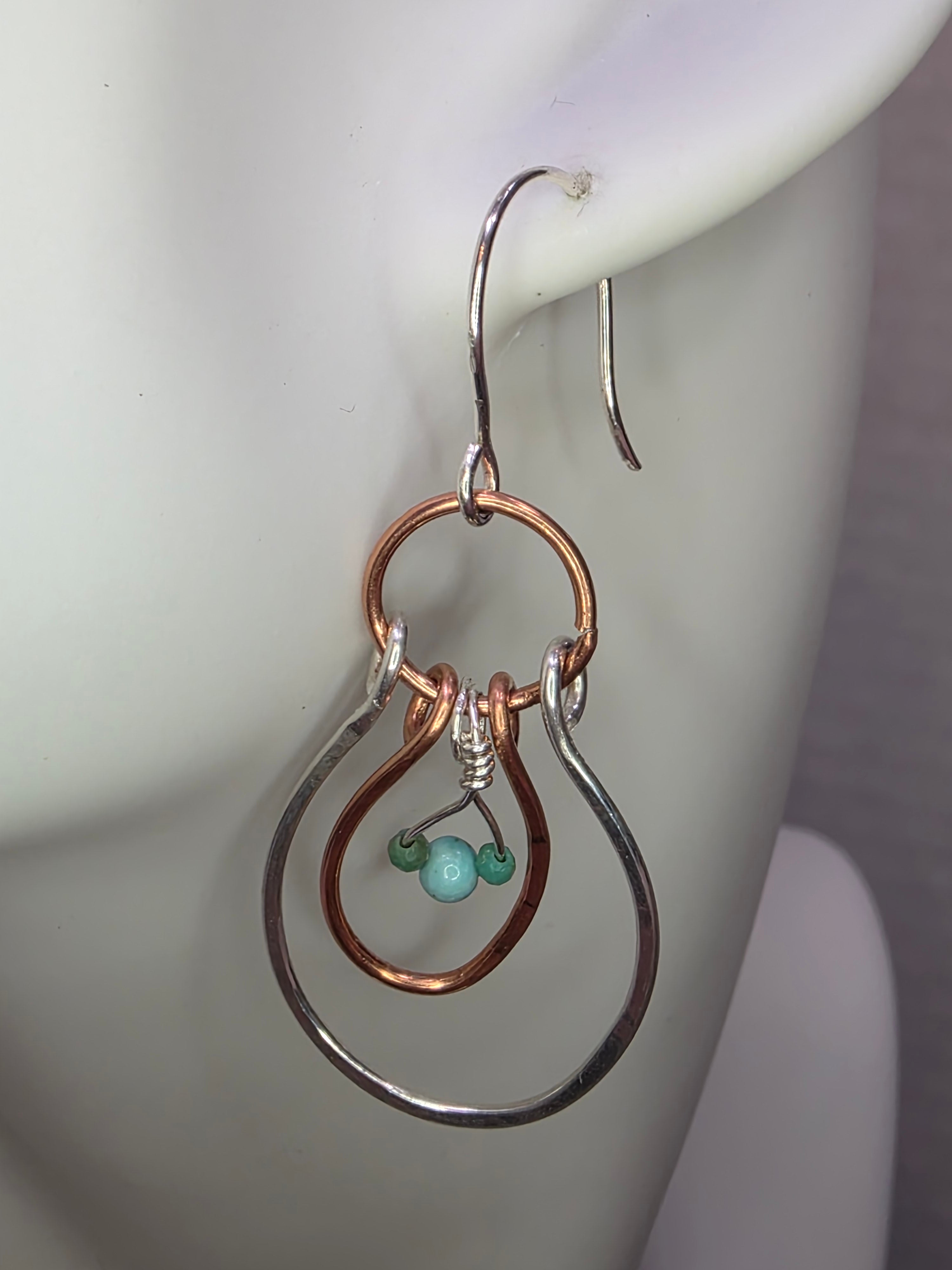 Mixed Metal Silver and Copper Mickey Mouse Inspired Hoop Earrings with Turquoise stones. MTO