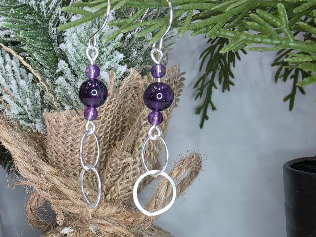 Sterling Silver Amethyst Drop Earrings with Hammered Circle Accents