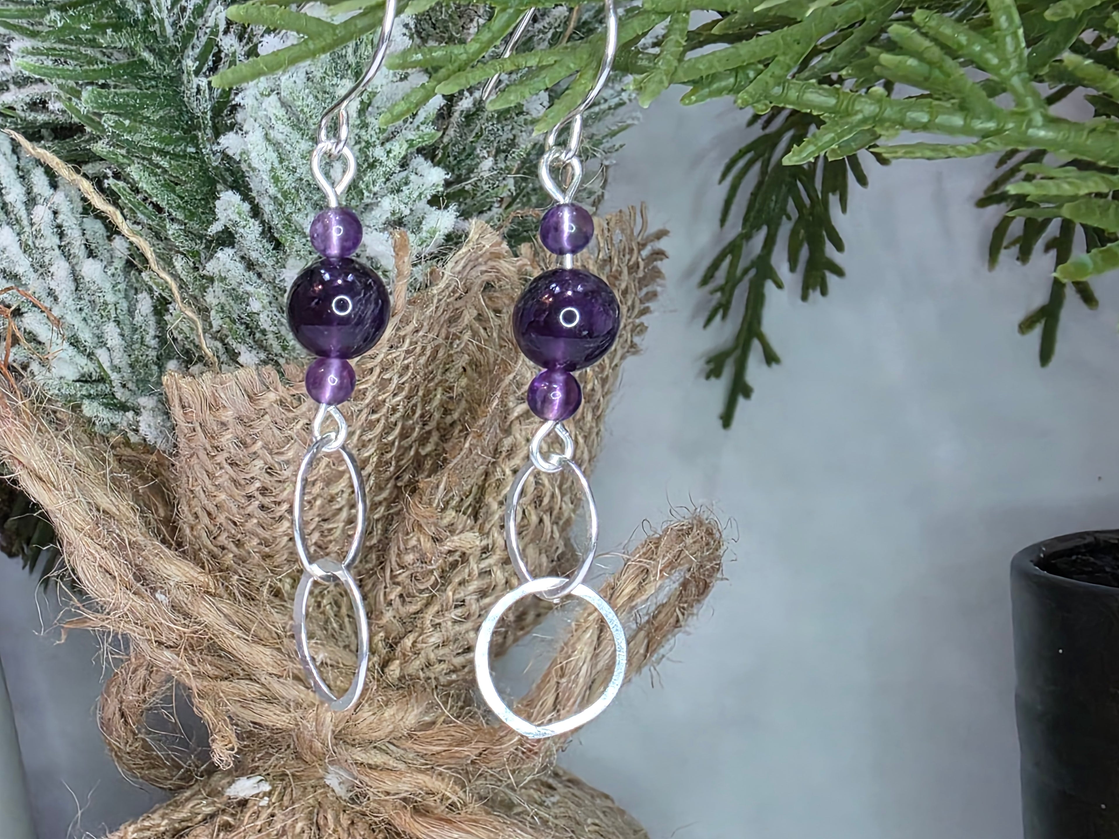 Sterling Silver Amethyst Drop Earrings with Hammered Circle Accents