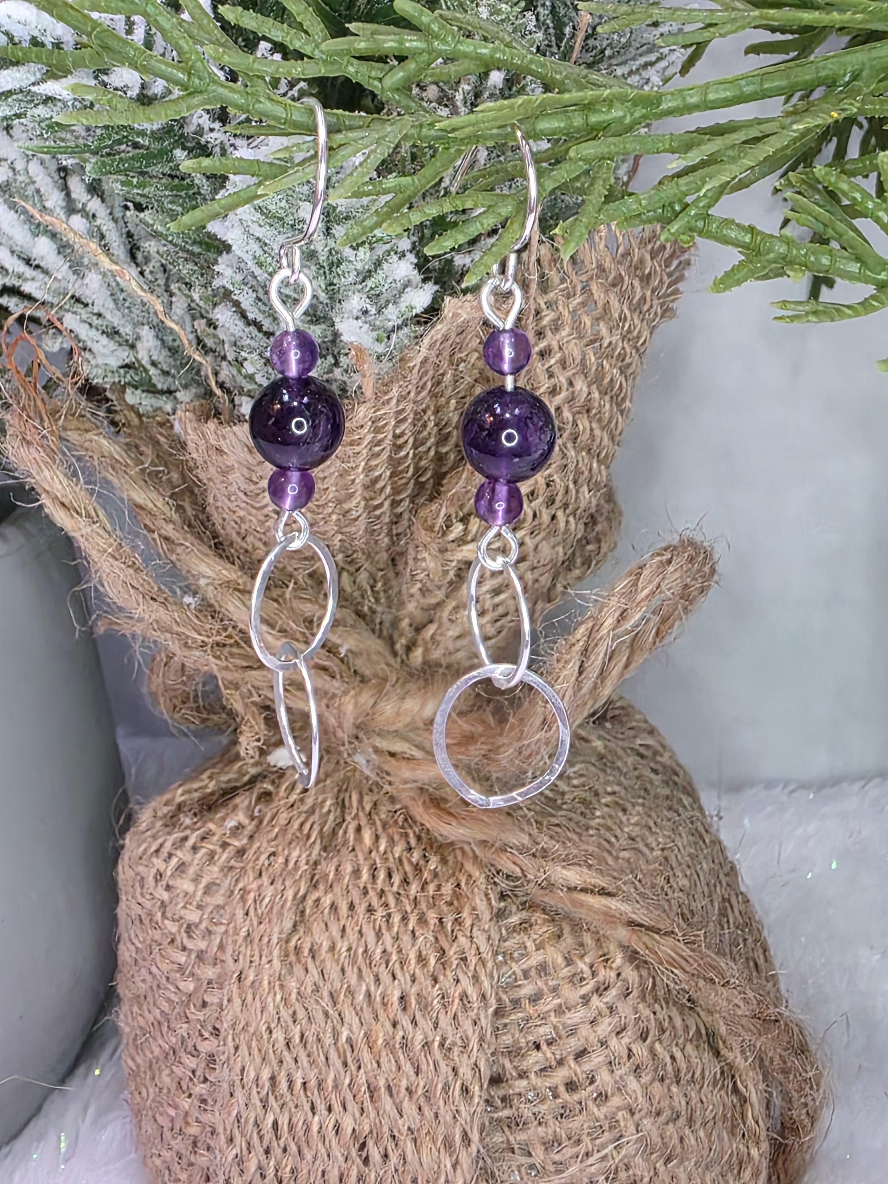 Sterling Silver Amethyst Drop Earrings with Hammered Circle Accents