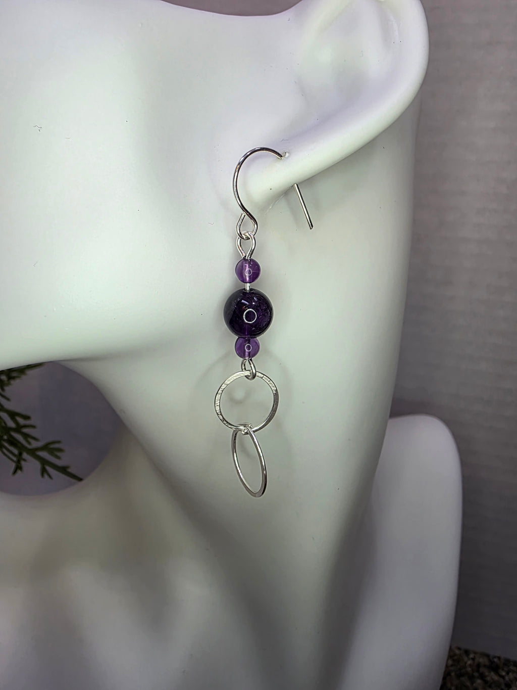 Sterling Silver Amethyst Drop Earrings with Hammered Circle Accents
