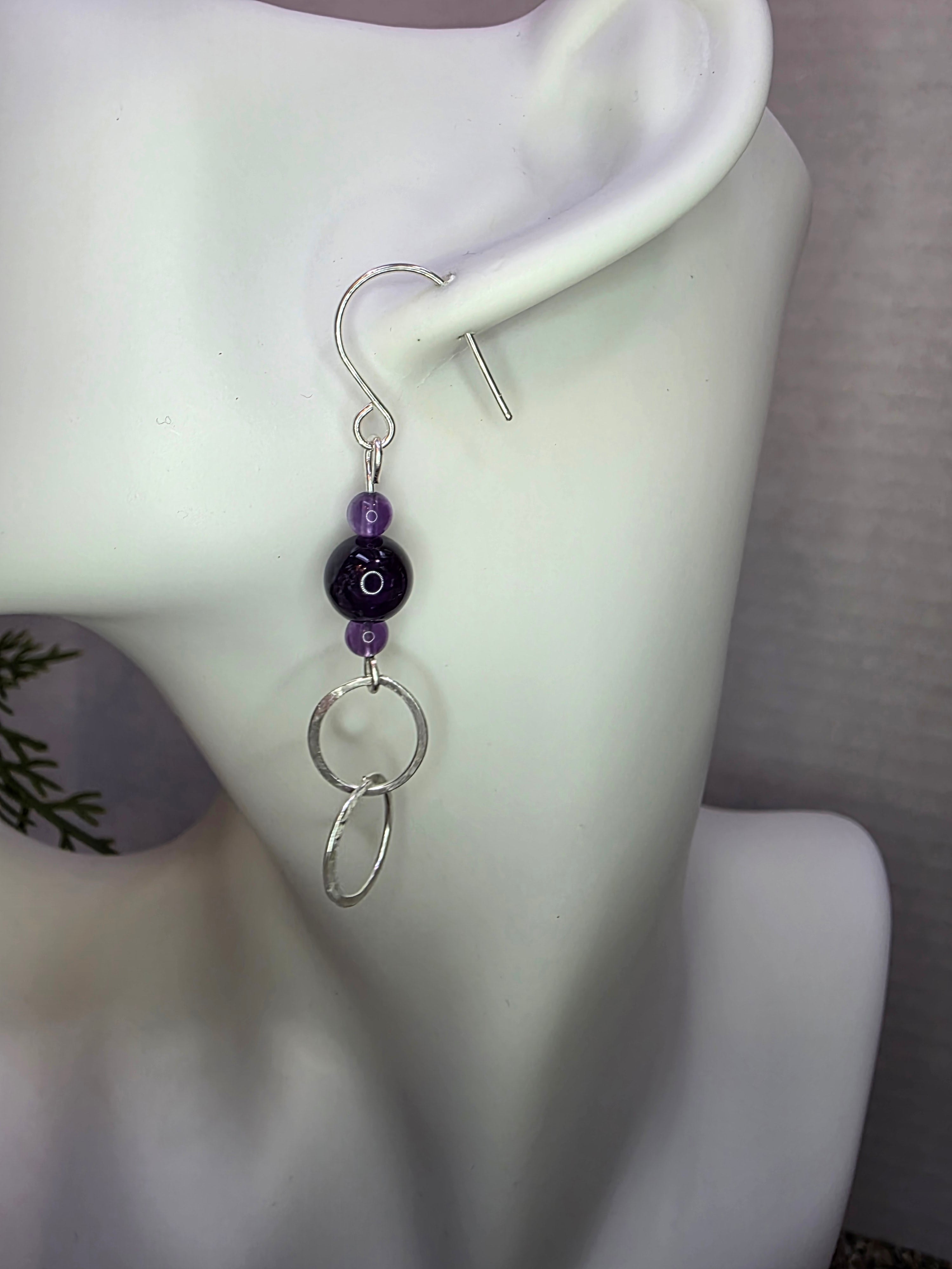 Sterling Silver Amethyst Drop Earrings with Hammered Circle Accents