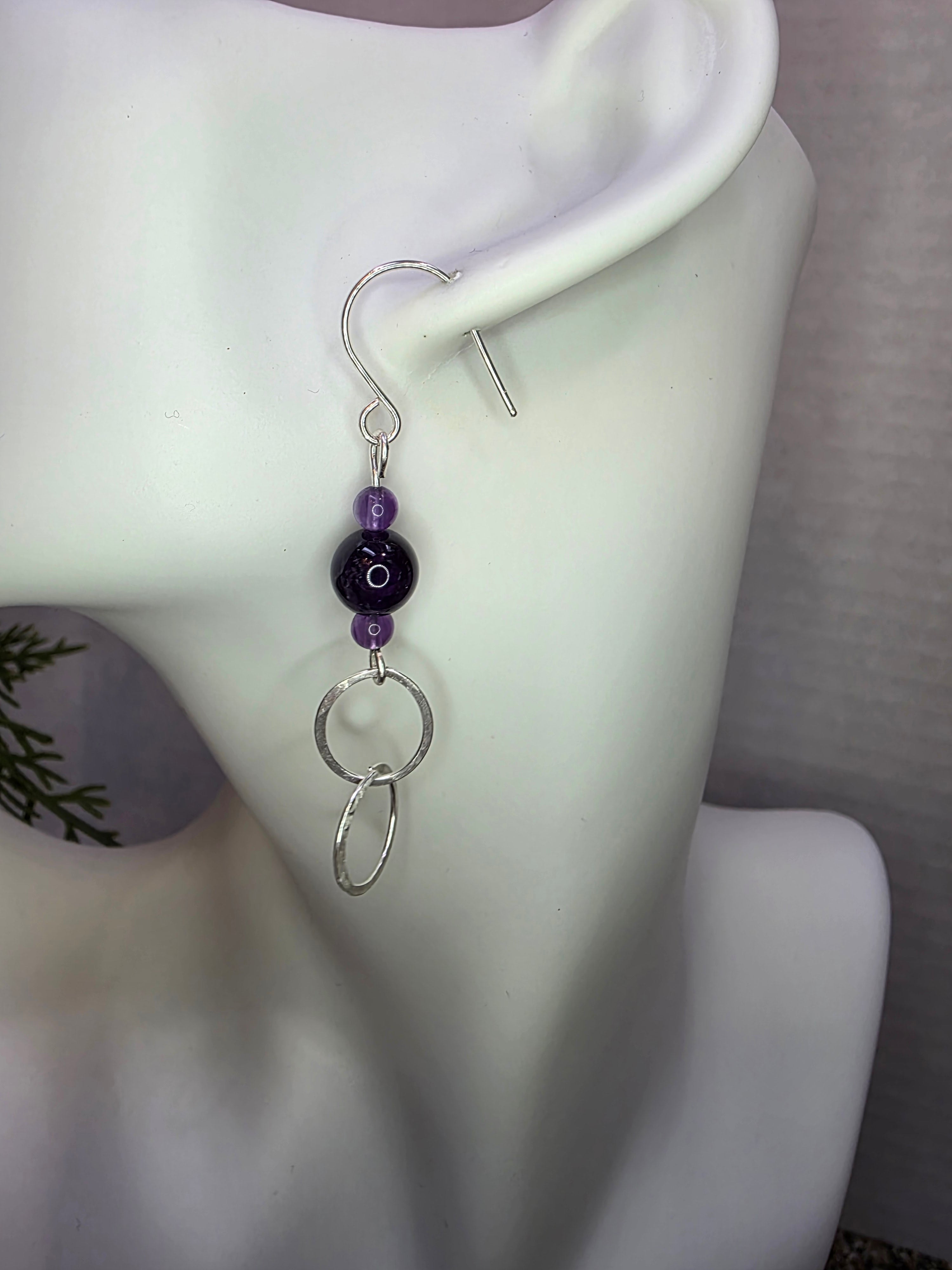 Sterling Silver Amethyst Drop Earrings with Hammered Circle Accents