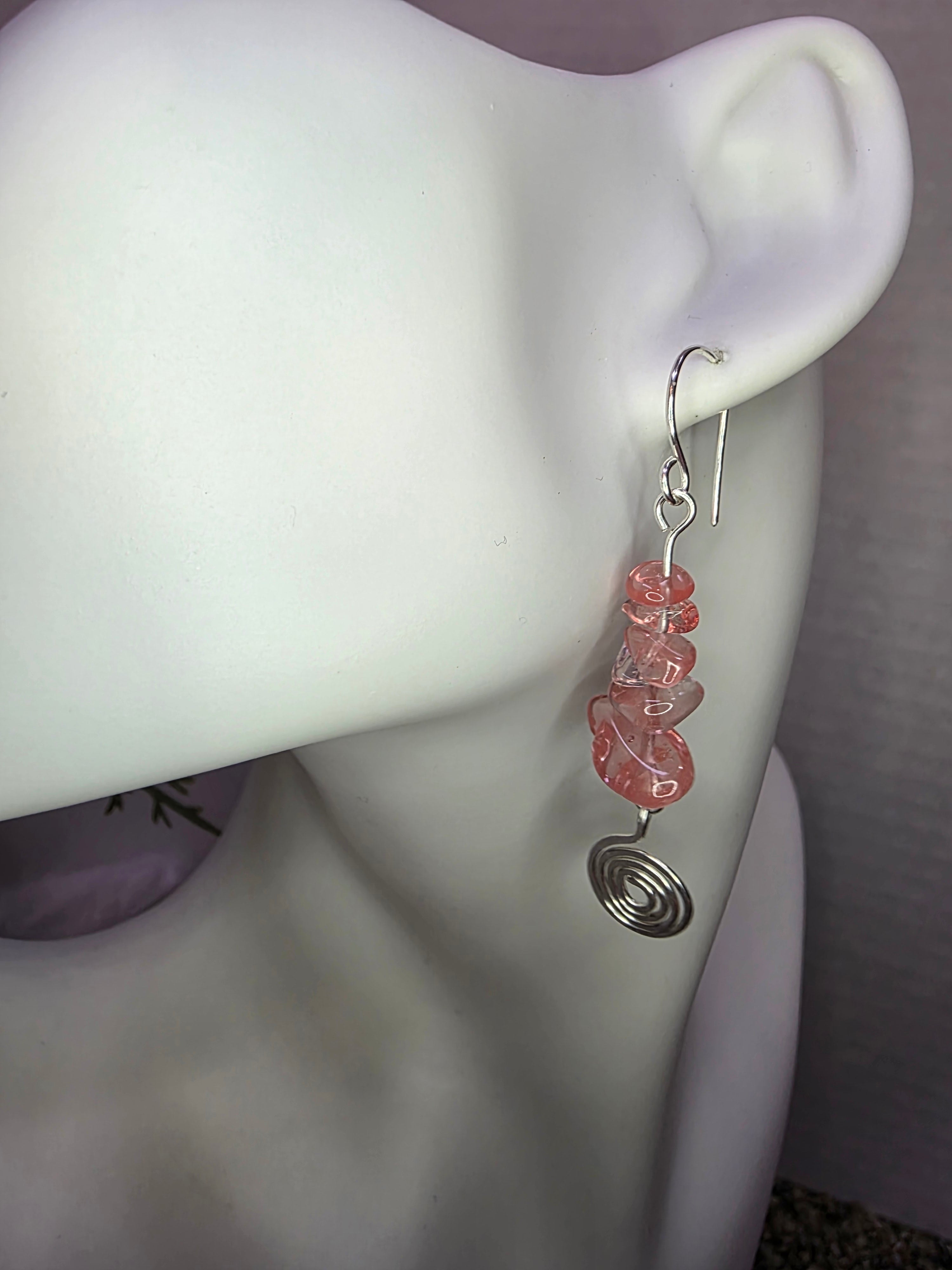 Sterling Silver Watermelon Quartz Earrings with Spiral Detail
