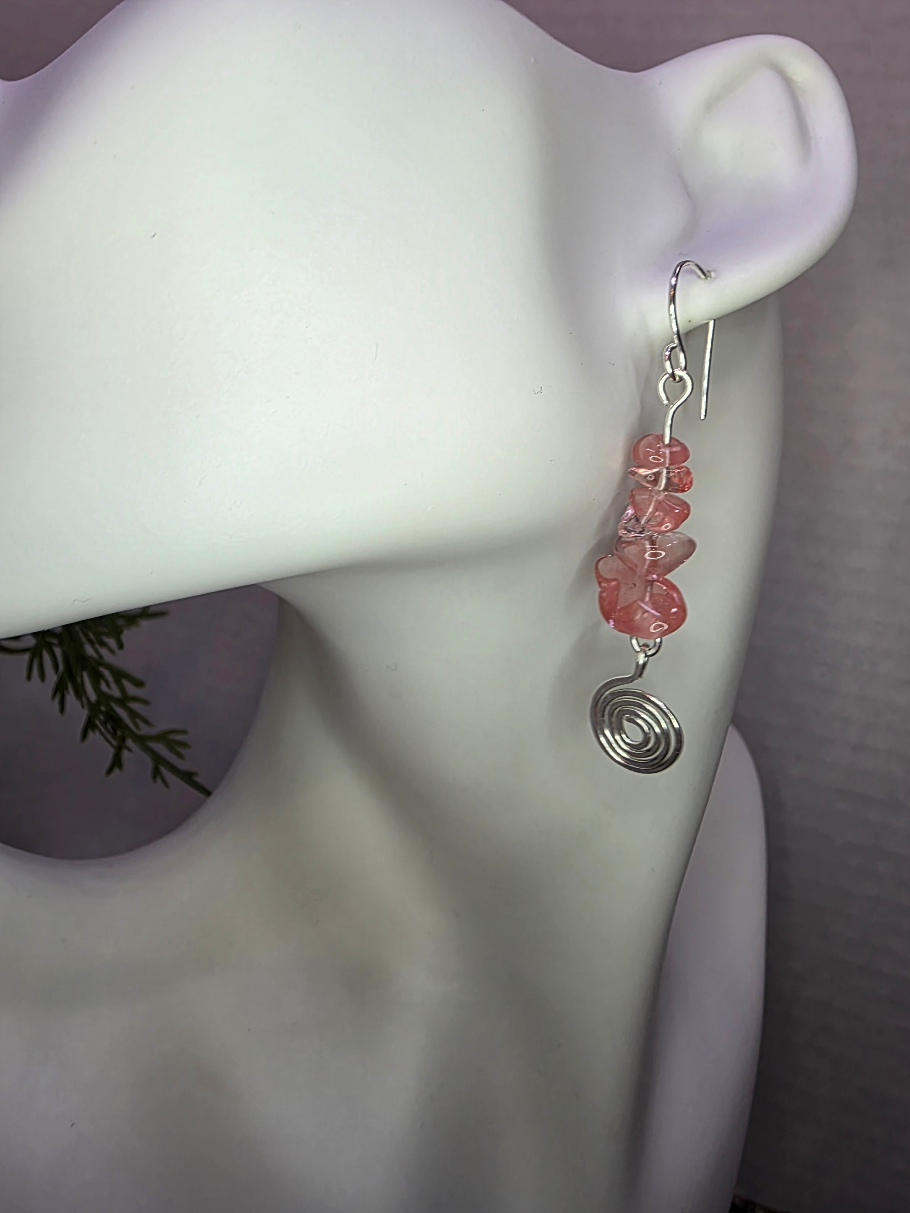 Sterling Silver Watermelon Quartz Earrings with Spiral Detail