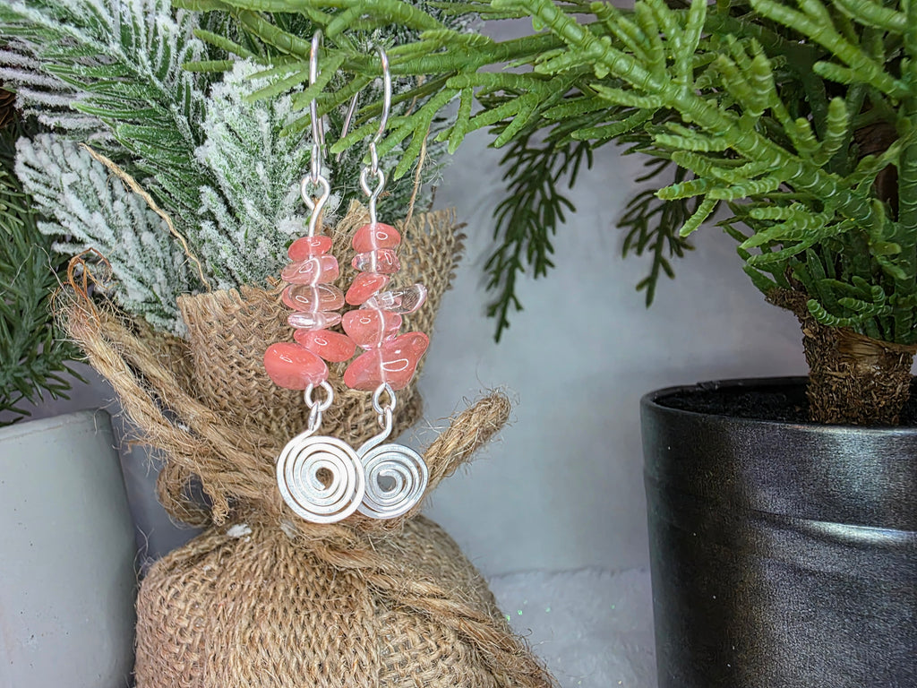 Sterling Silver Watermelon Quartz Earrings with Spiral Detail