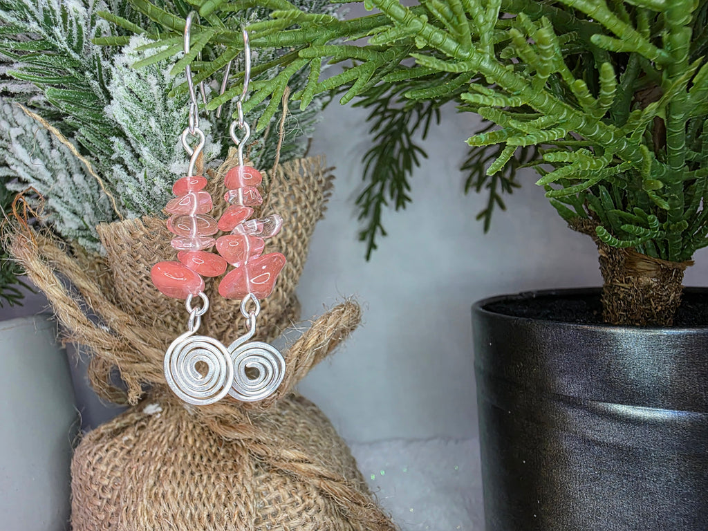 Sterling Silver Watermelon Quartz Earrings with Spiral Detail