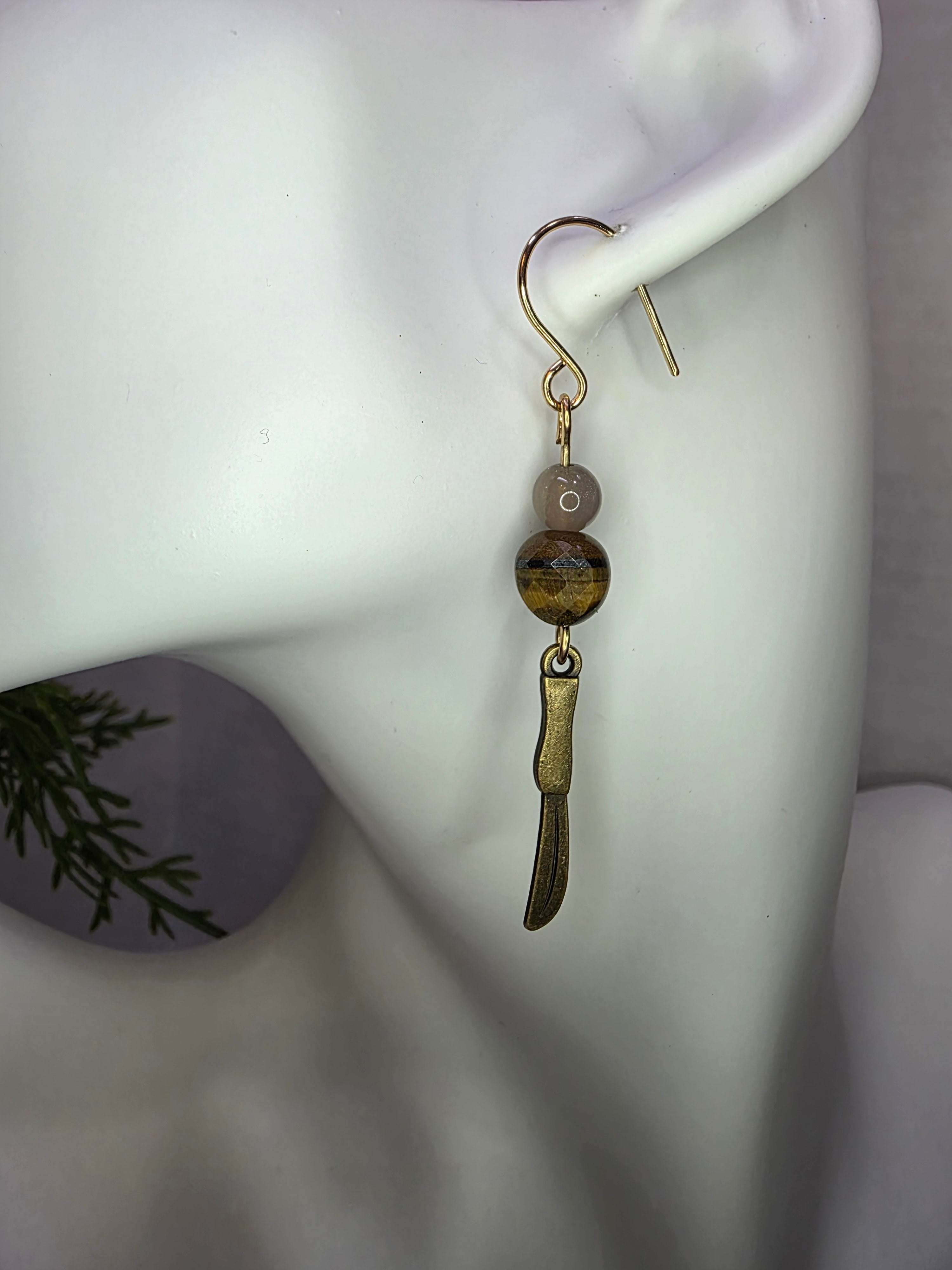 Tigers Eye Knife Charm Earrings Butter Knife Chef Kitchen Fun Gag White Elephant Gift