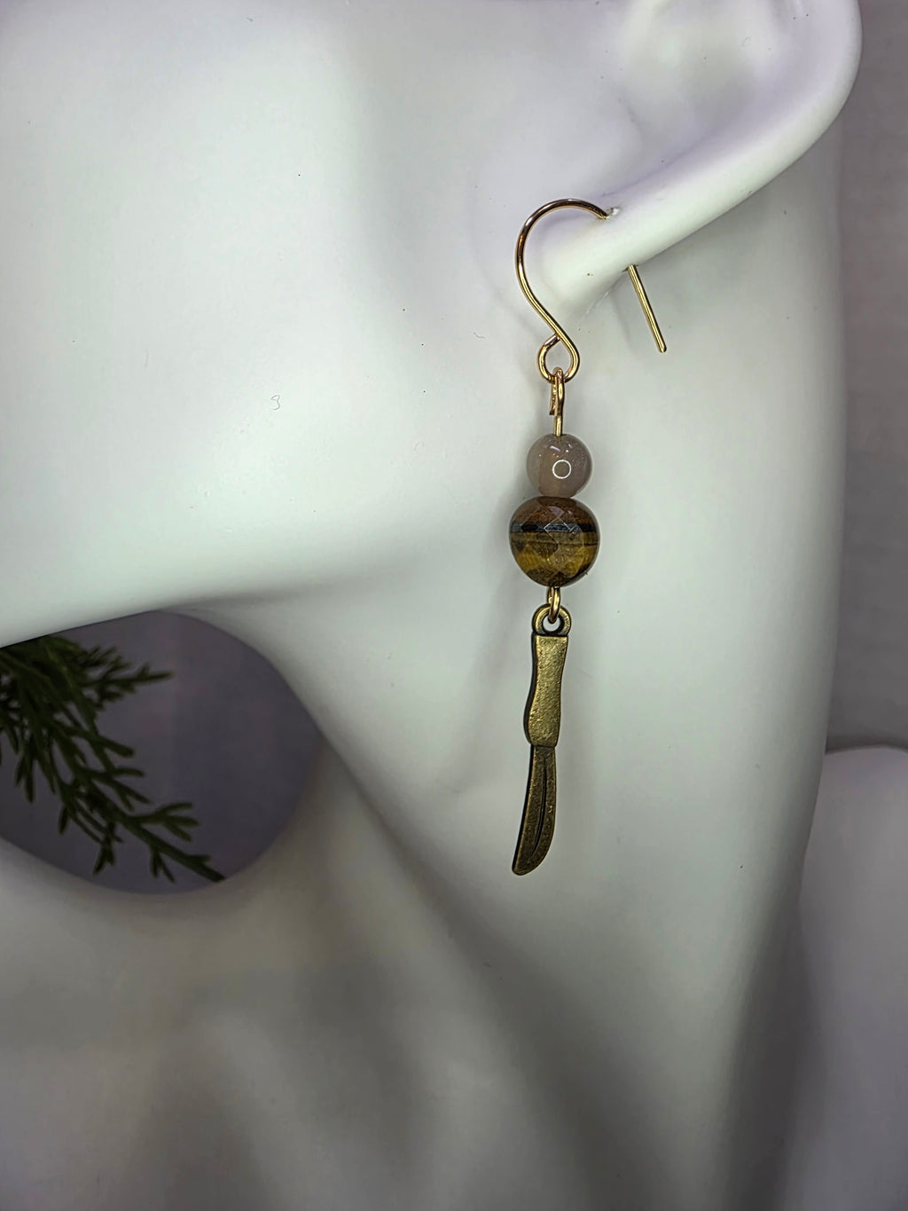 Tigers Eye Knife Charm Earrings Butter Knife Chef Kitchen Fun Gag White Elephant Gift