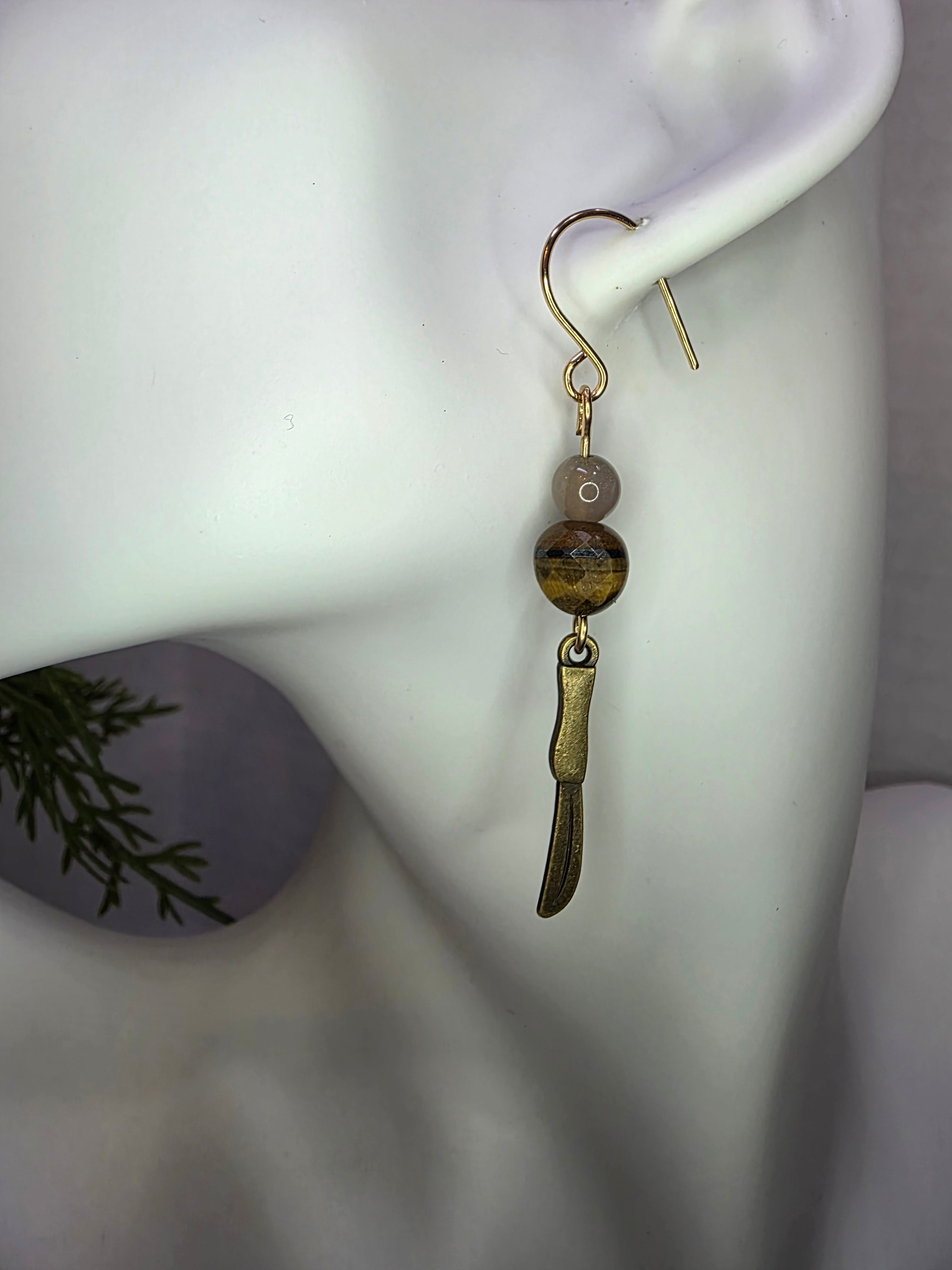 Tigers Eye Knife Charm Earrings Butter Knife Chef Kitchen Fun Gag White Elephant Gift