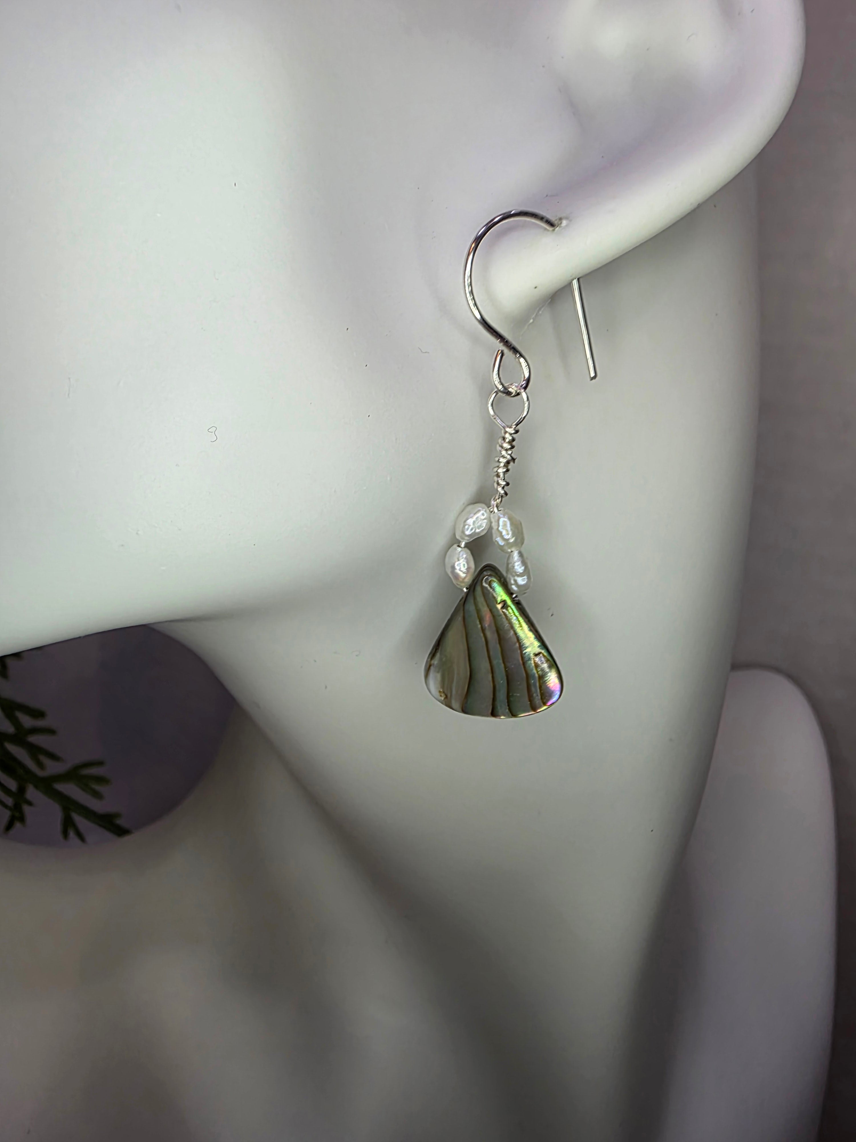 Sterling Silver Wire, Abalone Shell, and Seed Pearl Earrings