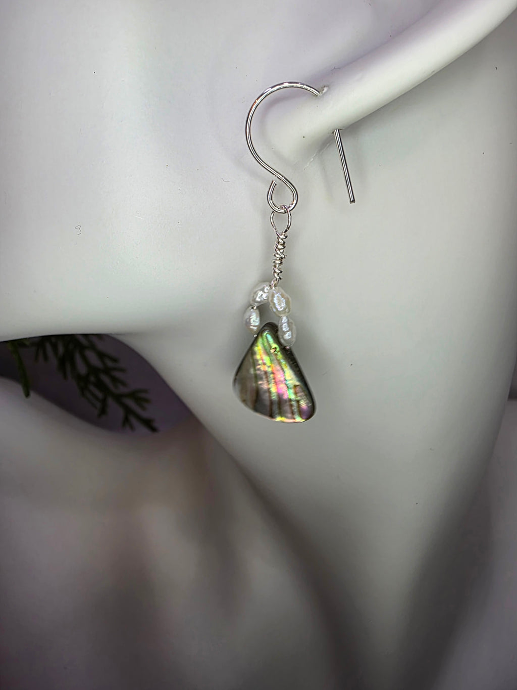 Sterling Silver Wire, Abalone Shell, and Seed Pearl Earrings