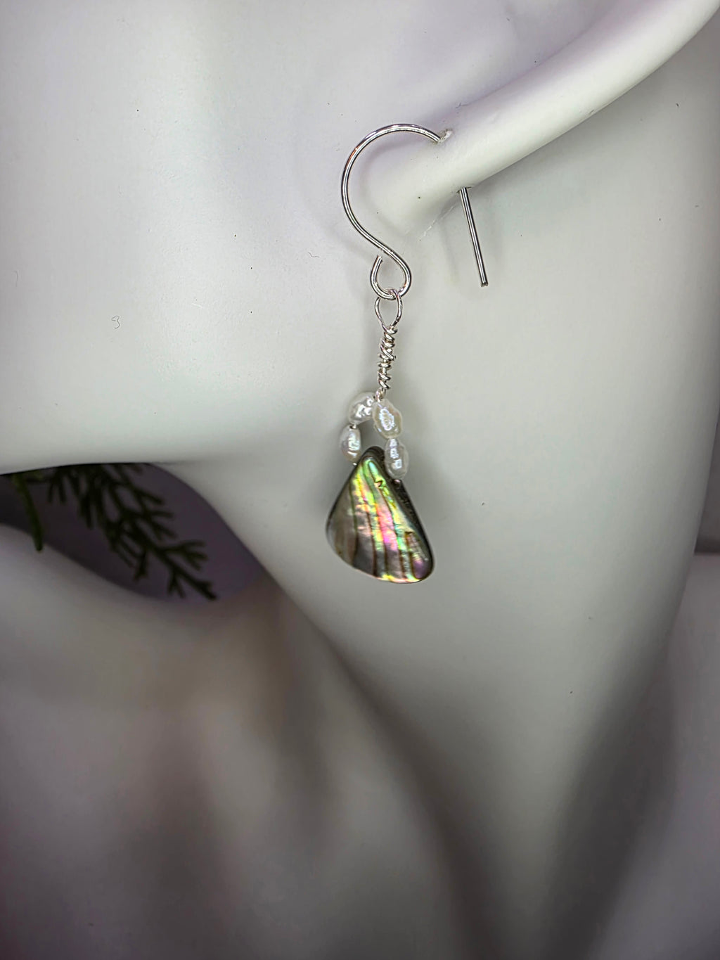 Sterling Silver Wire, Abalone Shell, and Seed Pearl Earrings