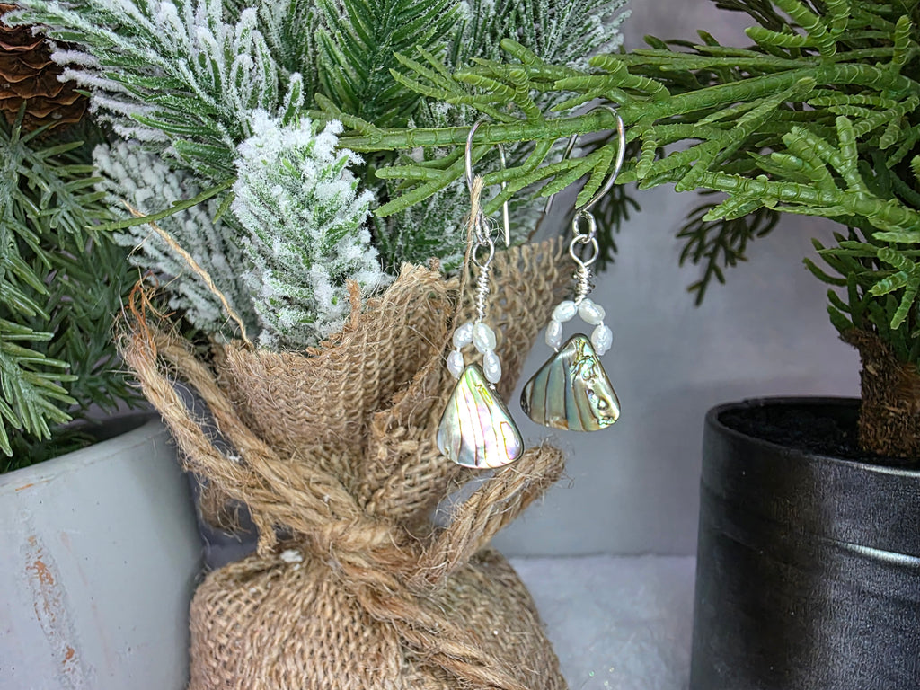 Sterling Silver Wire, Abalone Shell, and Seed Pearl Earrings