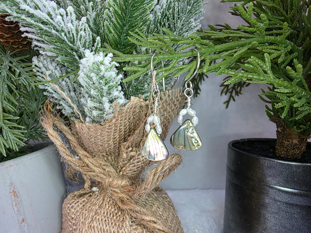 Sterling Silver Wire, Abalone Shell, and Seed Pearl Earrings