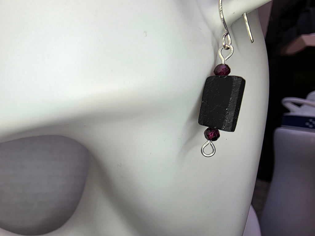 Sterling Silver Earrings with Rough Black Tourmaline and Garnet