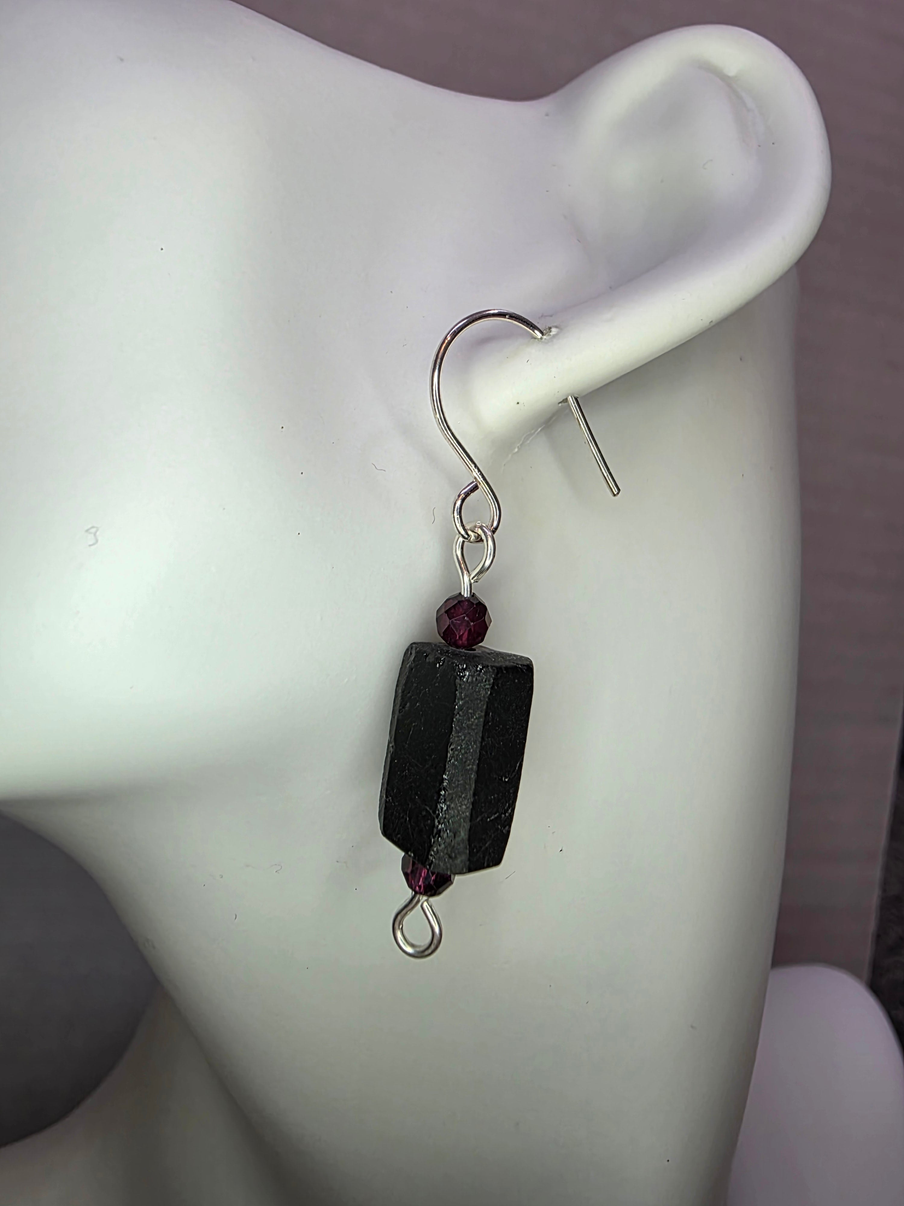 Sterling Silver Earrings with Rough Black Tourmaline and Garnet