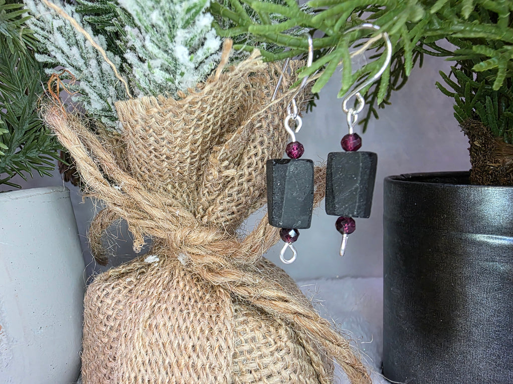Sterling Silver Earrings with Rough Black Tourmaline and Garnet