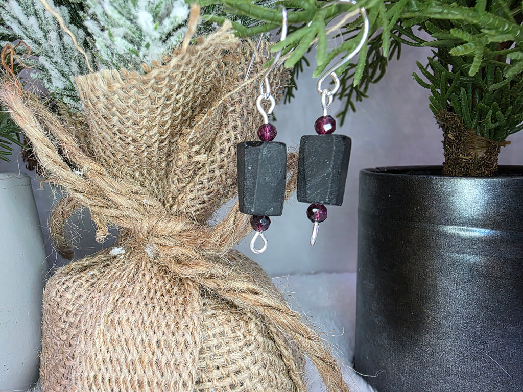 Sterling Silver Earrings with Rough Black Tourmaline and Garnet
