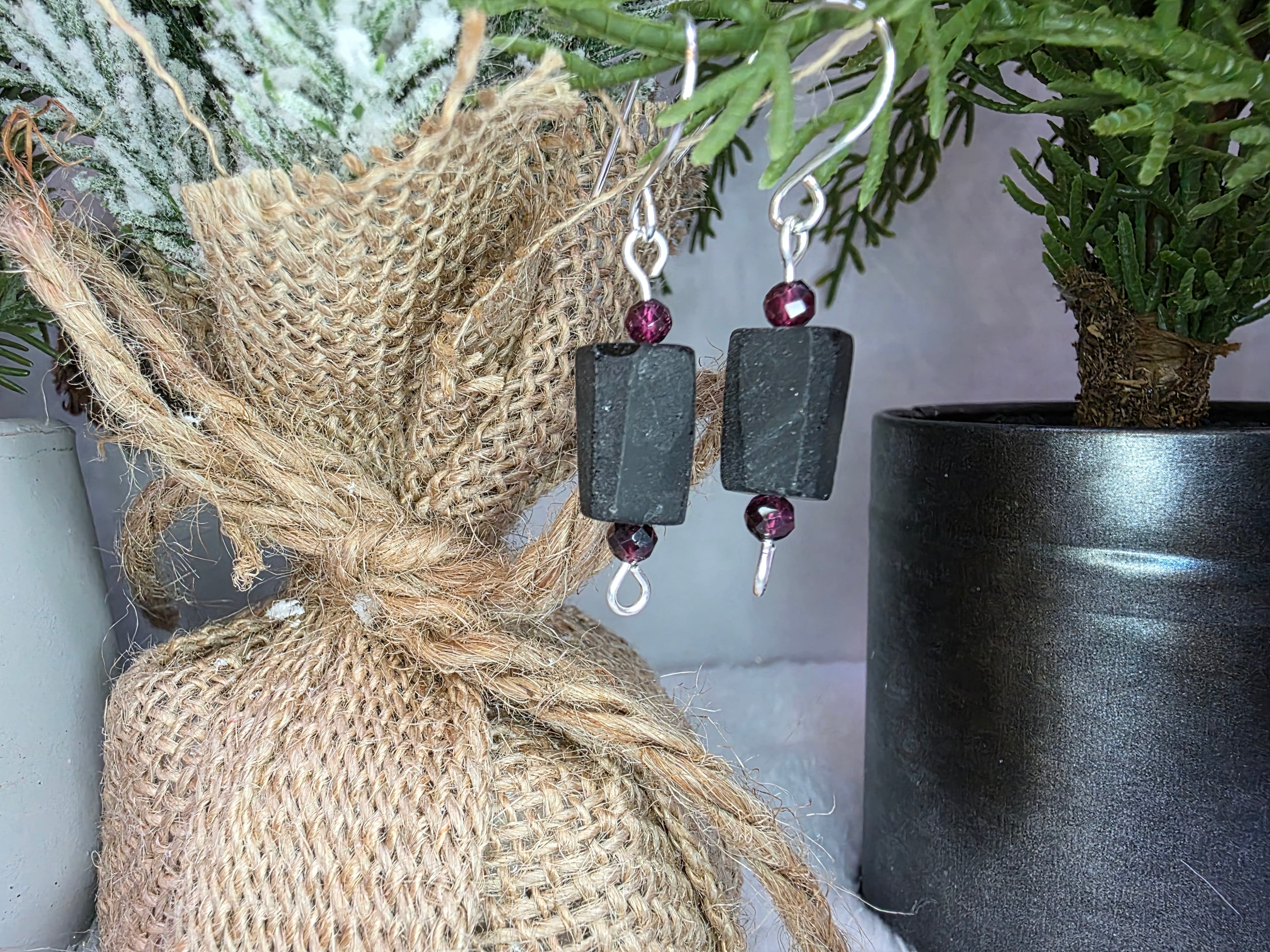 Sterling Silver Earrings with Rough Black Tourmaline and Garnet