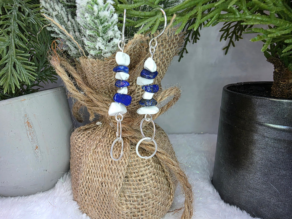 Lapis Lazuli and Howlite Chip Earrings with Sterling Silver Hooks and Connecting Circle Design