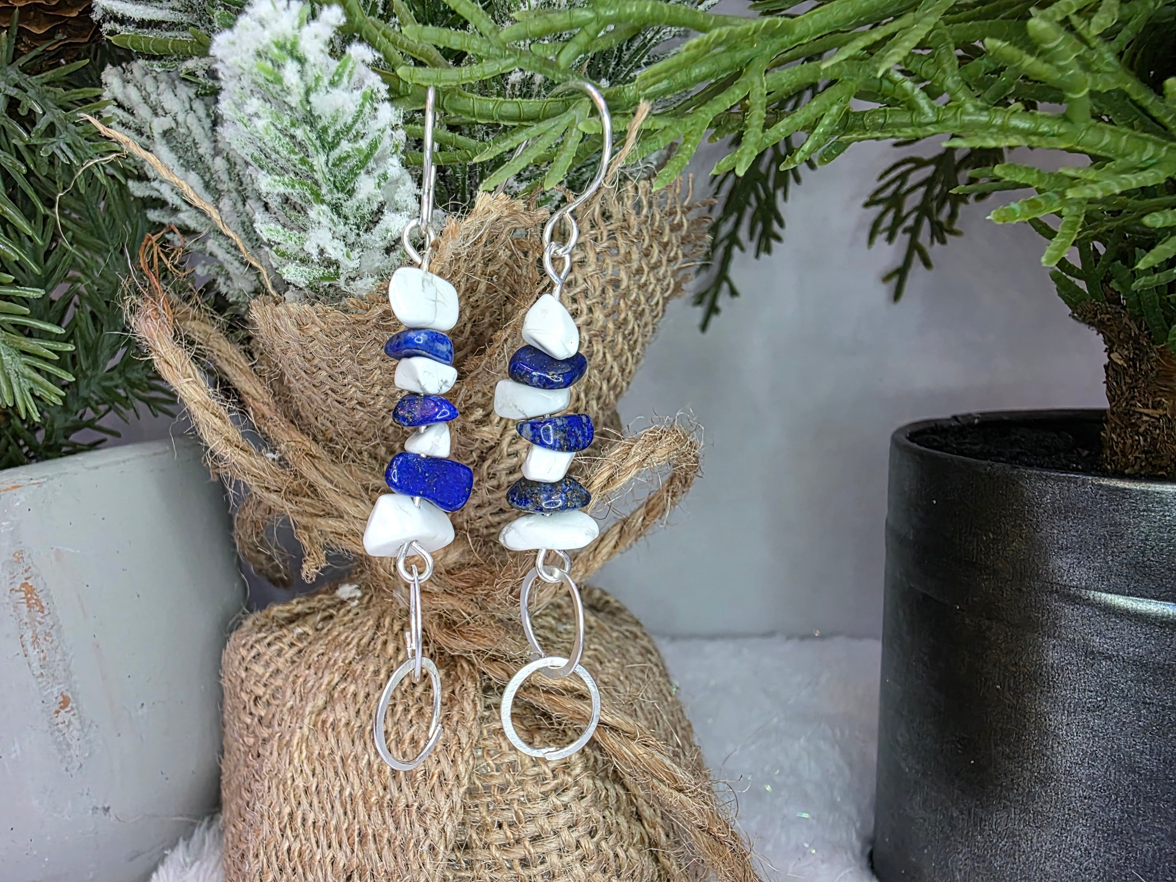 Lapis Lazuli and Howlite Chip Earrings with Sterling Silver Hooks and Connecting Circle Design
