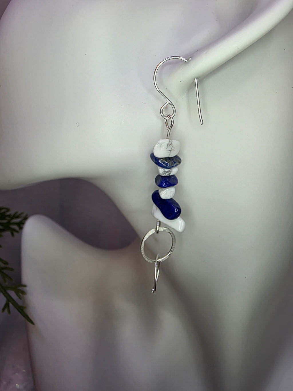 Lapis Lazuli and Howlite Chip Earrings with Sterling Silver Hooks and Connecting Circle Design