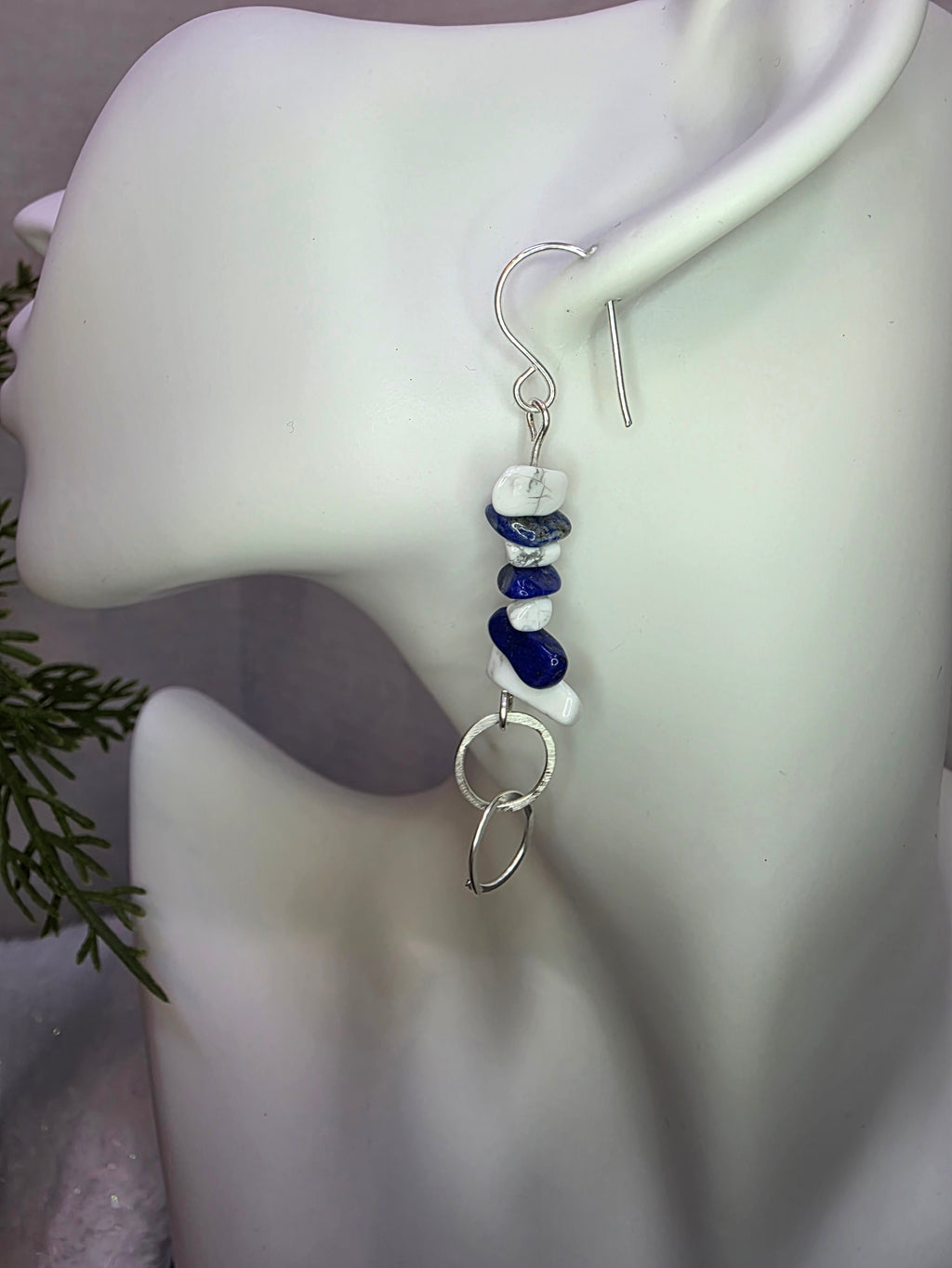 Lapis Lazuli and Howlite Chip Earrings with Sterling Silver Hooks and Connecting Circle Design
