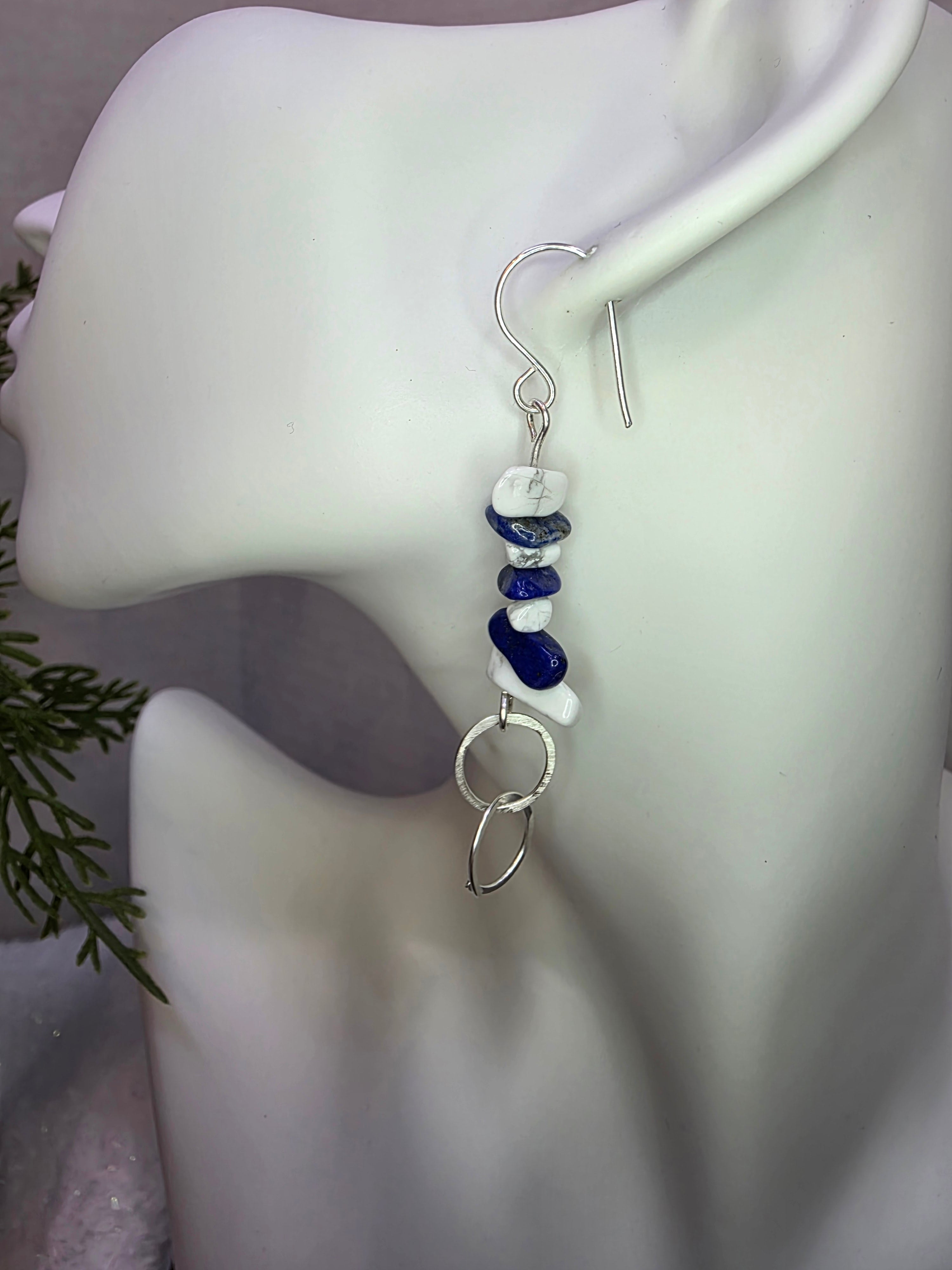 Lapis Lazuli and Howlite Chip Earrings with Sterling Silver Hooks and Connecting Circle Design