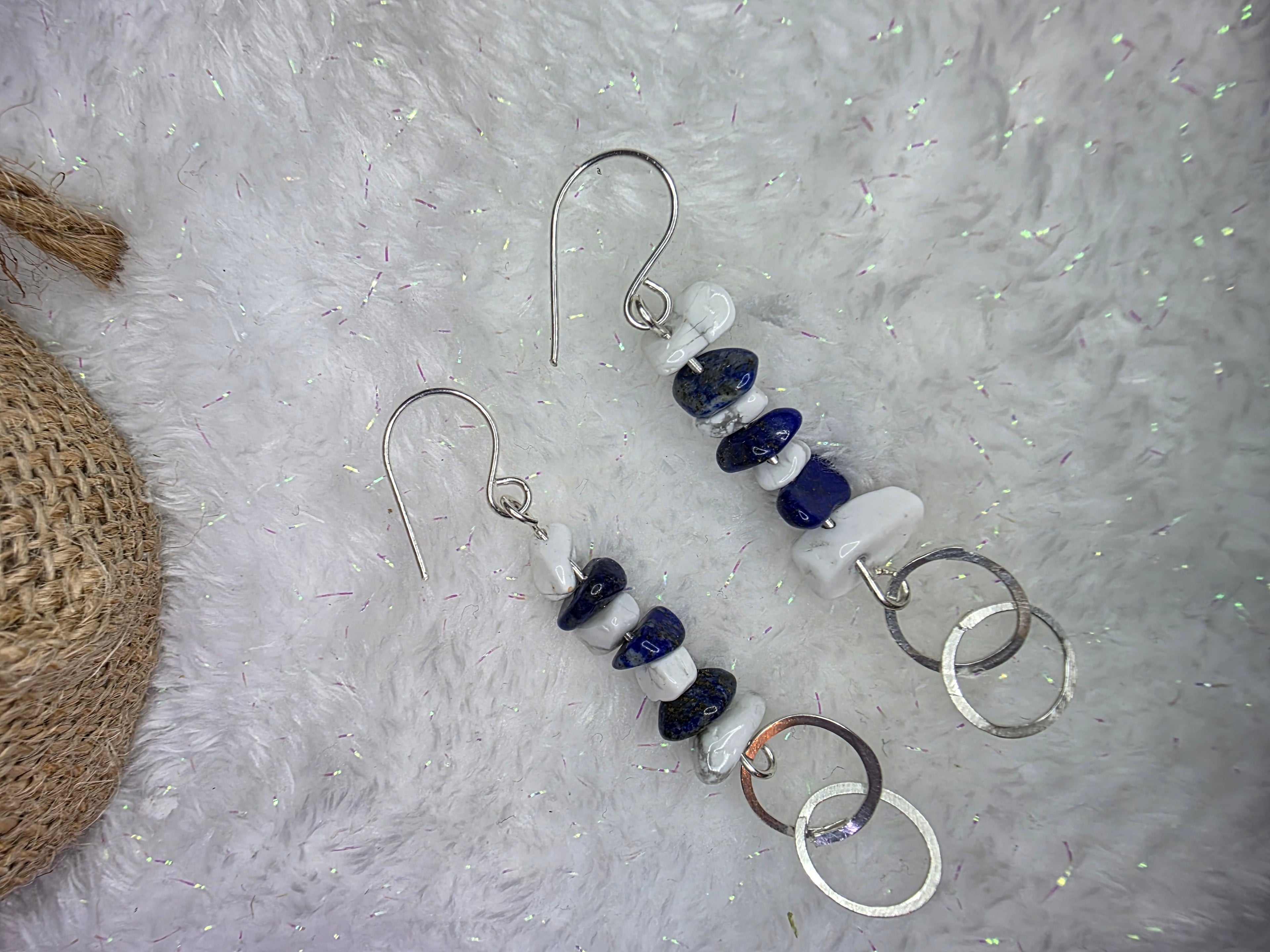 Lapis Lazuli and Howlite Chip Earrings with Sterling Silver Hooks and Connecting Circle Design