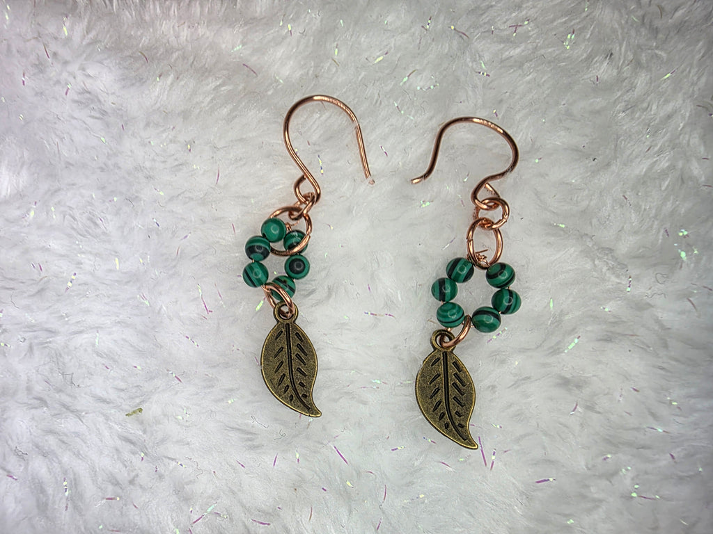 Mixed Metal Malachite Beads and Leaf Charm Brass Earrings on Copper Hooks