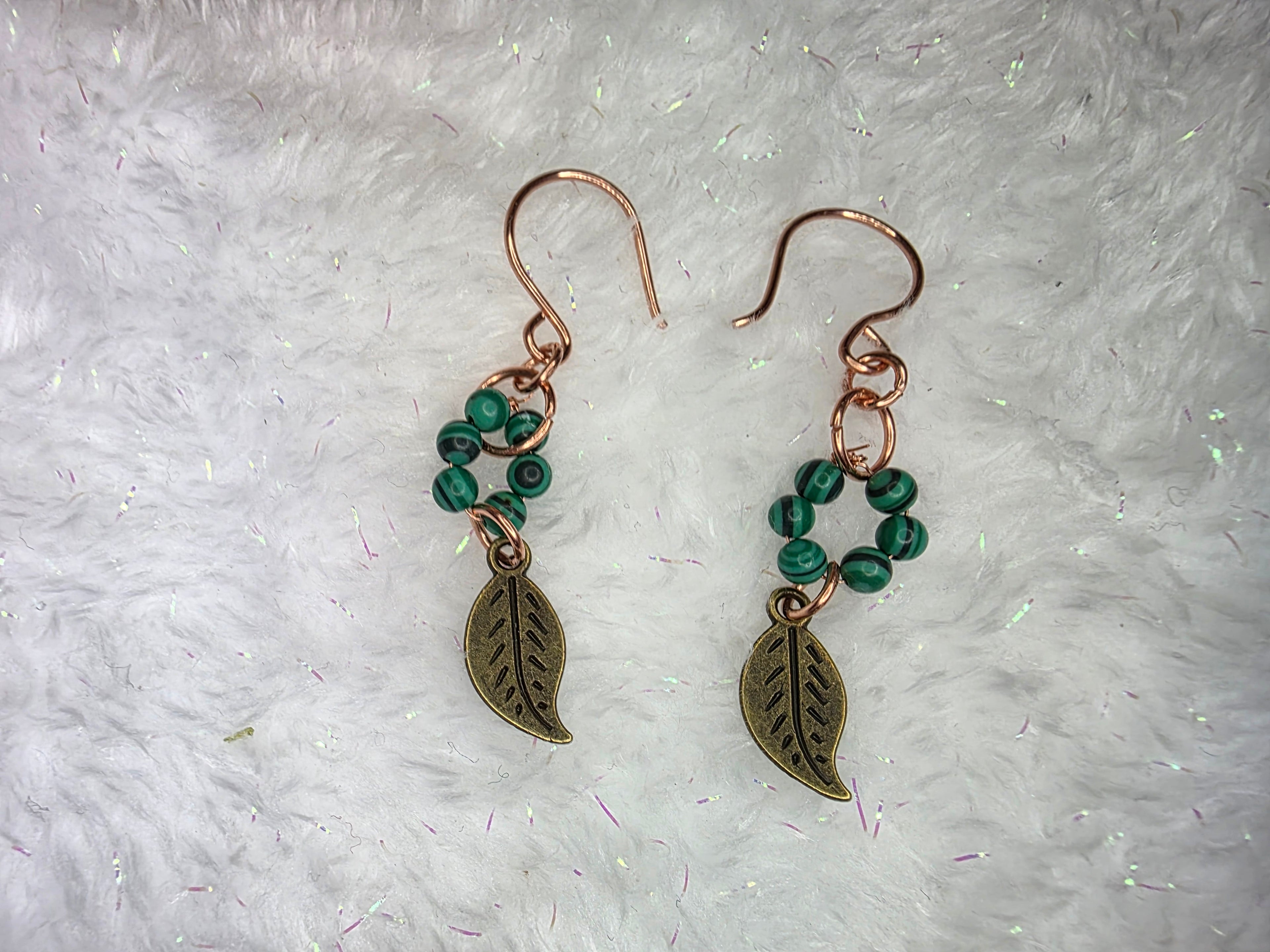 Mixed Metal Malachite Beads and Leaf Charm Brass Earrings on Copper Hooks