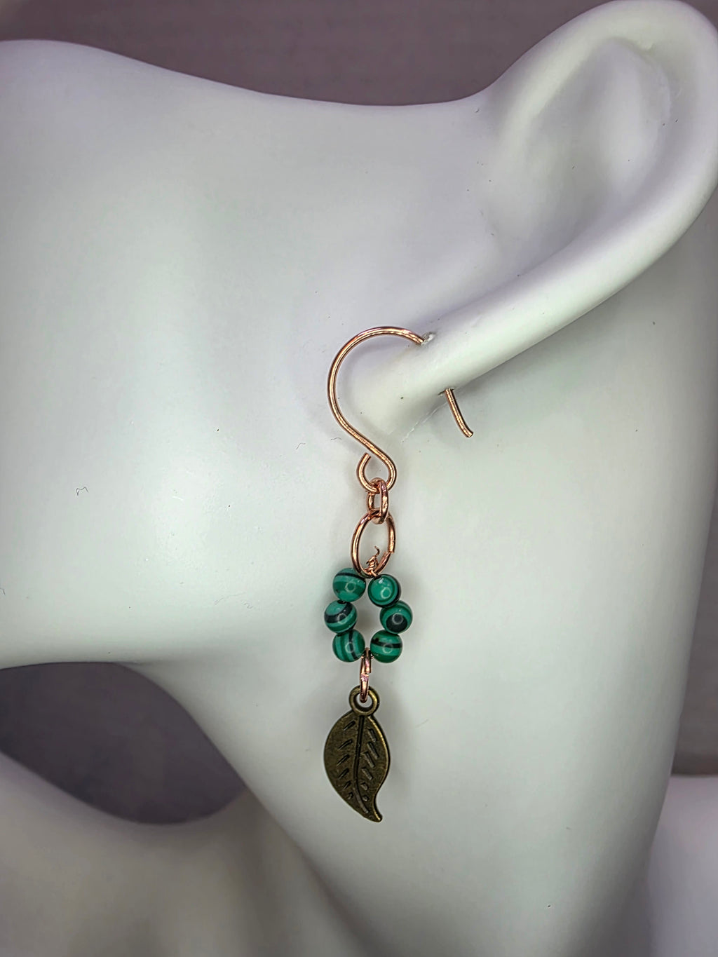 Mixed Metal Malachite Beads and Leaf Charm Brass Earrings on Copper Hooks