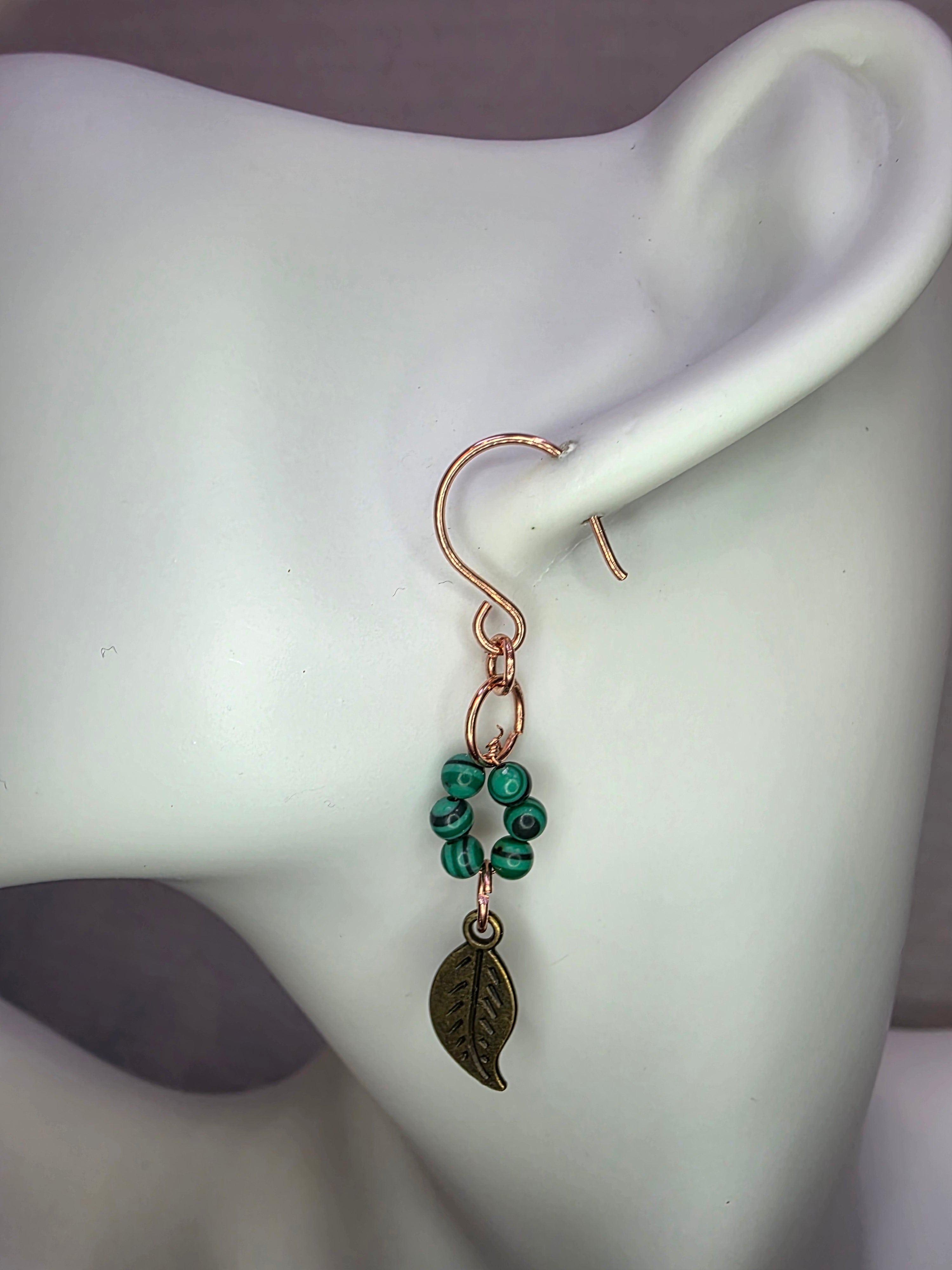 Mixed Metal Malachite Beads and Leaf Charm Brass Earrings on Copper Hooks