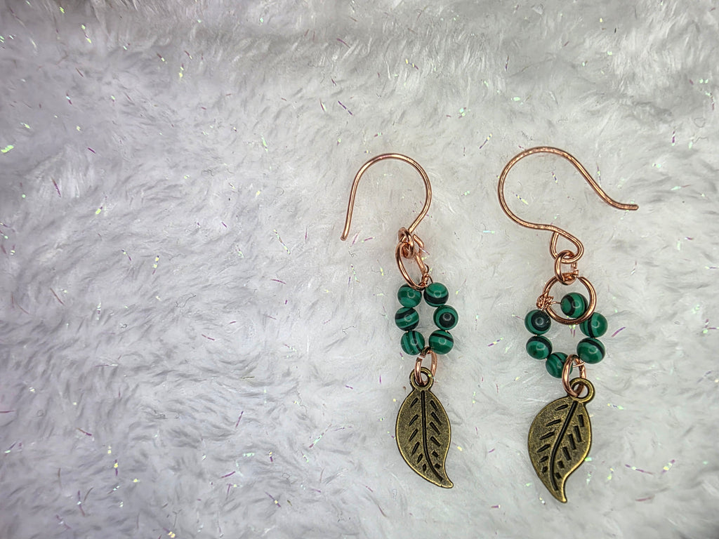 Mixed Metal Malachite Beads and Leaf Charm Brass Earrings on Copper Hooks