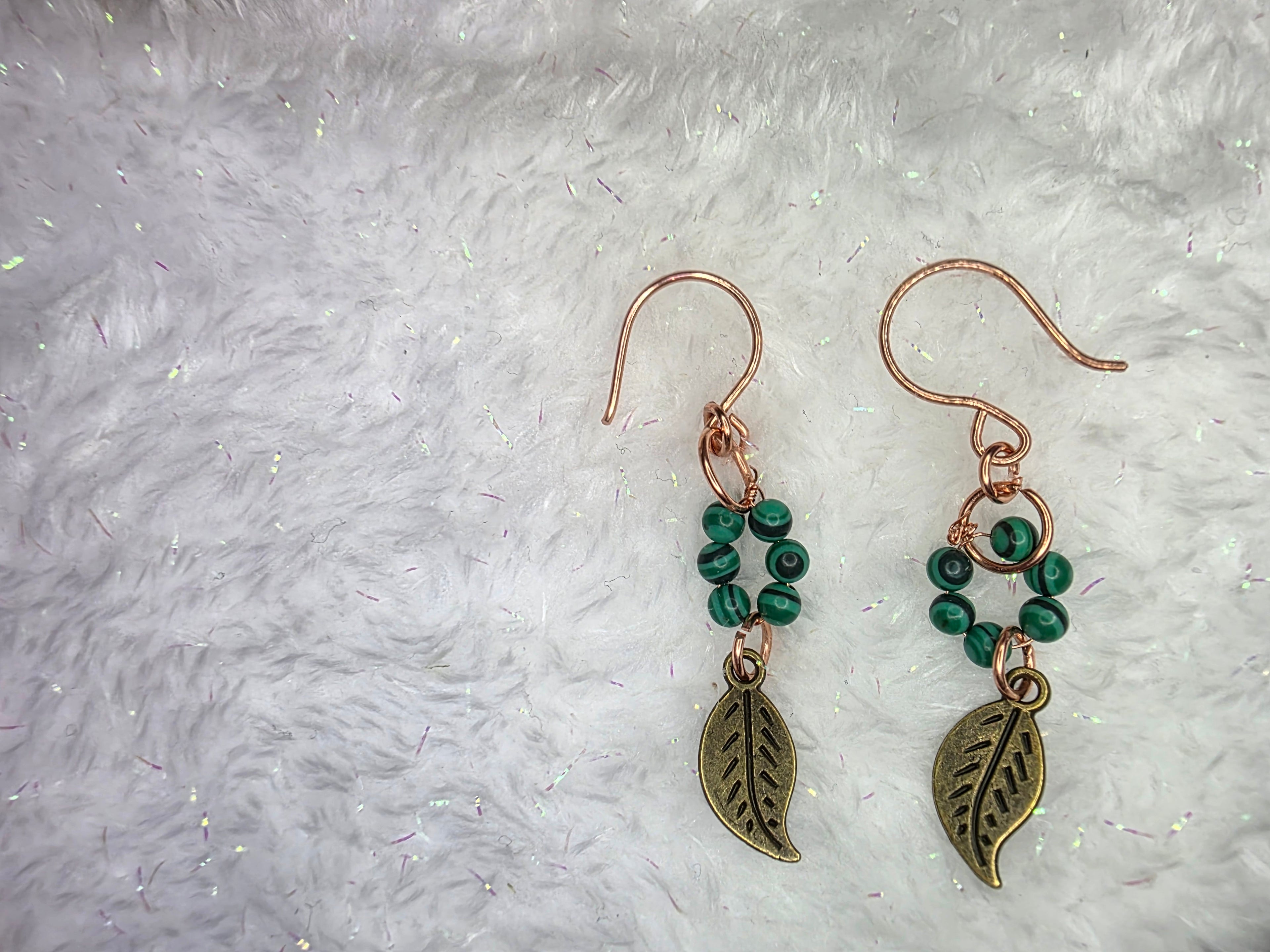 Mixed Metal Malachite Beads and Leaf Charm Brass Earrings on Copper Hooks