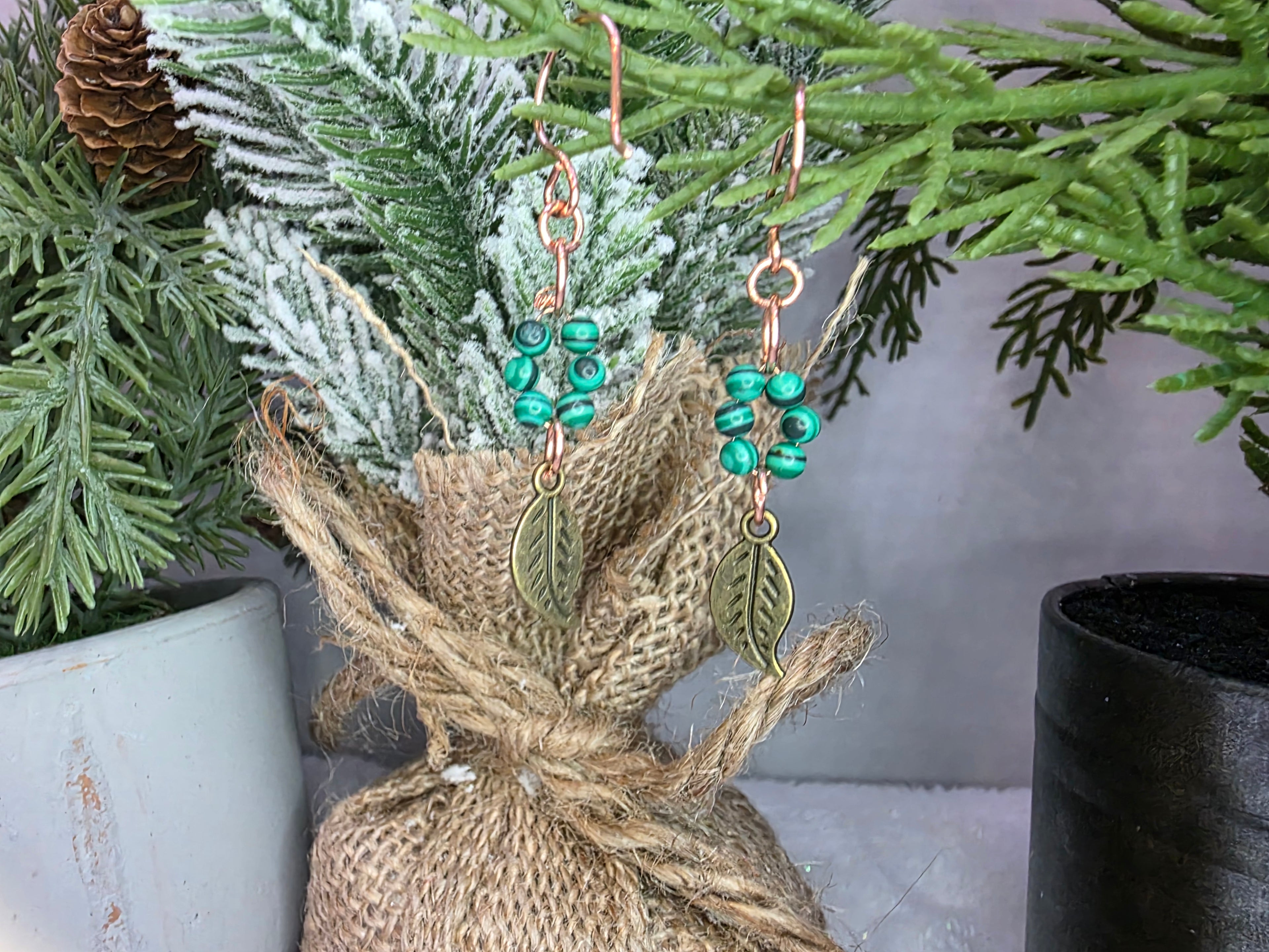 Mixed Metal Malachite Beads and Leaf Charm Brass Earrings on Copper Hooks