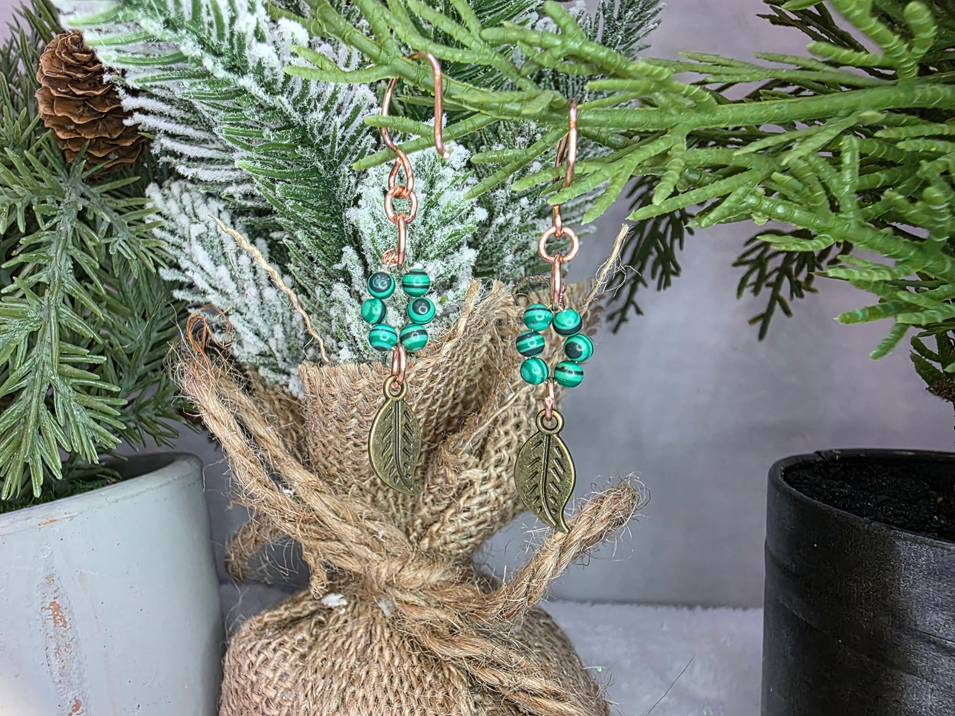 Mixed Metal Malachite Beads and Leaf Charm Brass Earrings on Copper Hooks