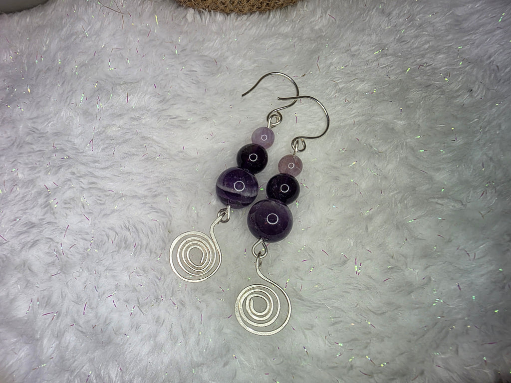 Sterling Silver Amethyst Drop Earrings with Hammered Spiral