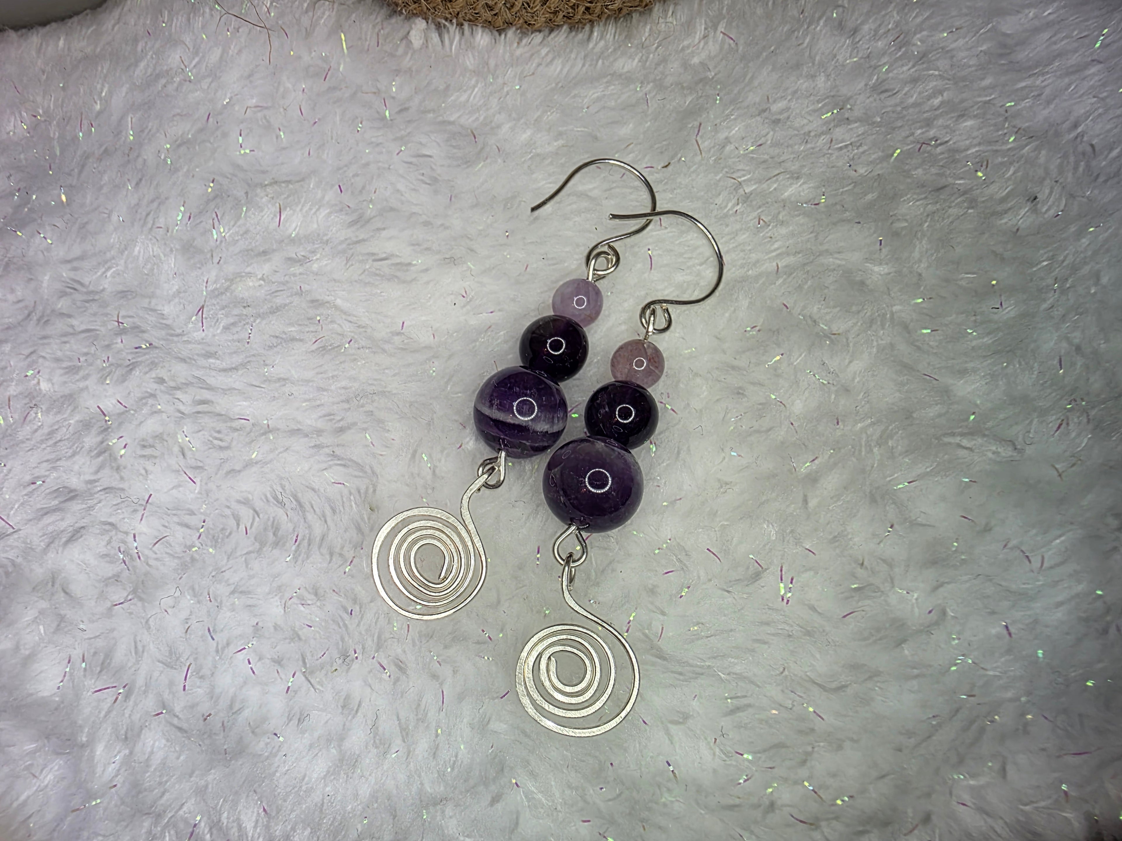 Sterling Silver Amethyst Drop Earrings with Hammered Spiral