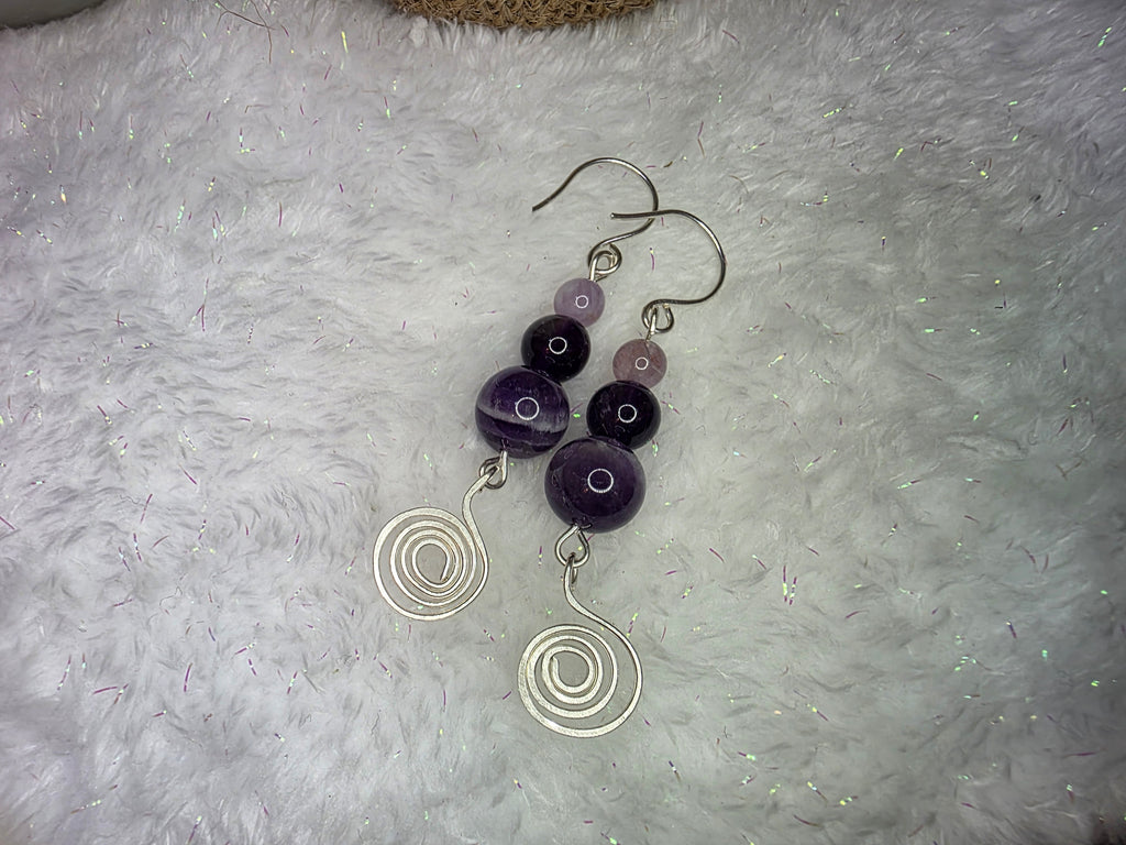 Sterling Silver Amethyst Drop Earrings with Hammered Spiral